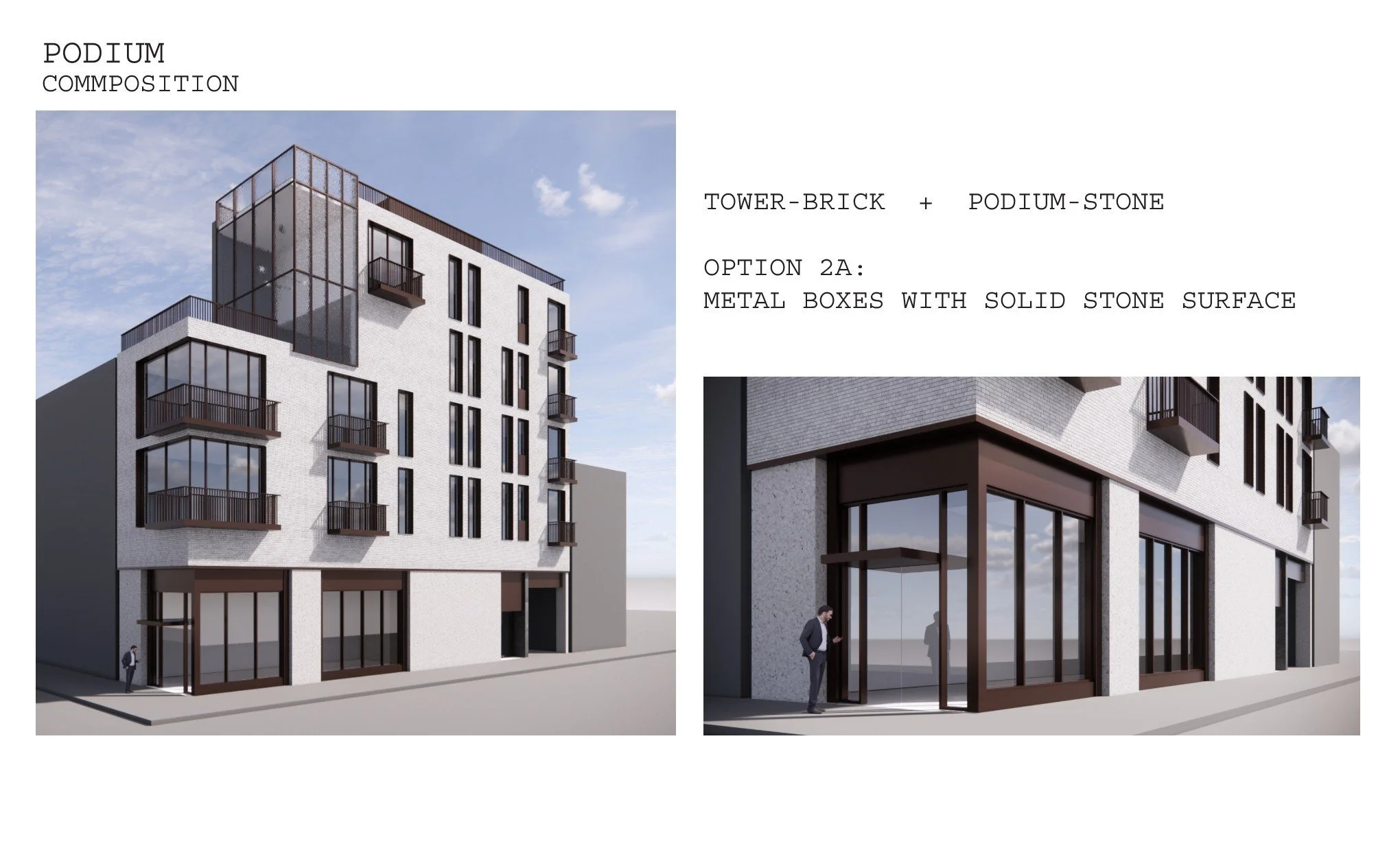 Rendering of a modern multi-story building with brick and stone facade, featuring large glass windows and balconies, with people walking nearby.