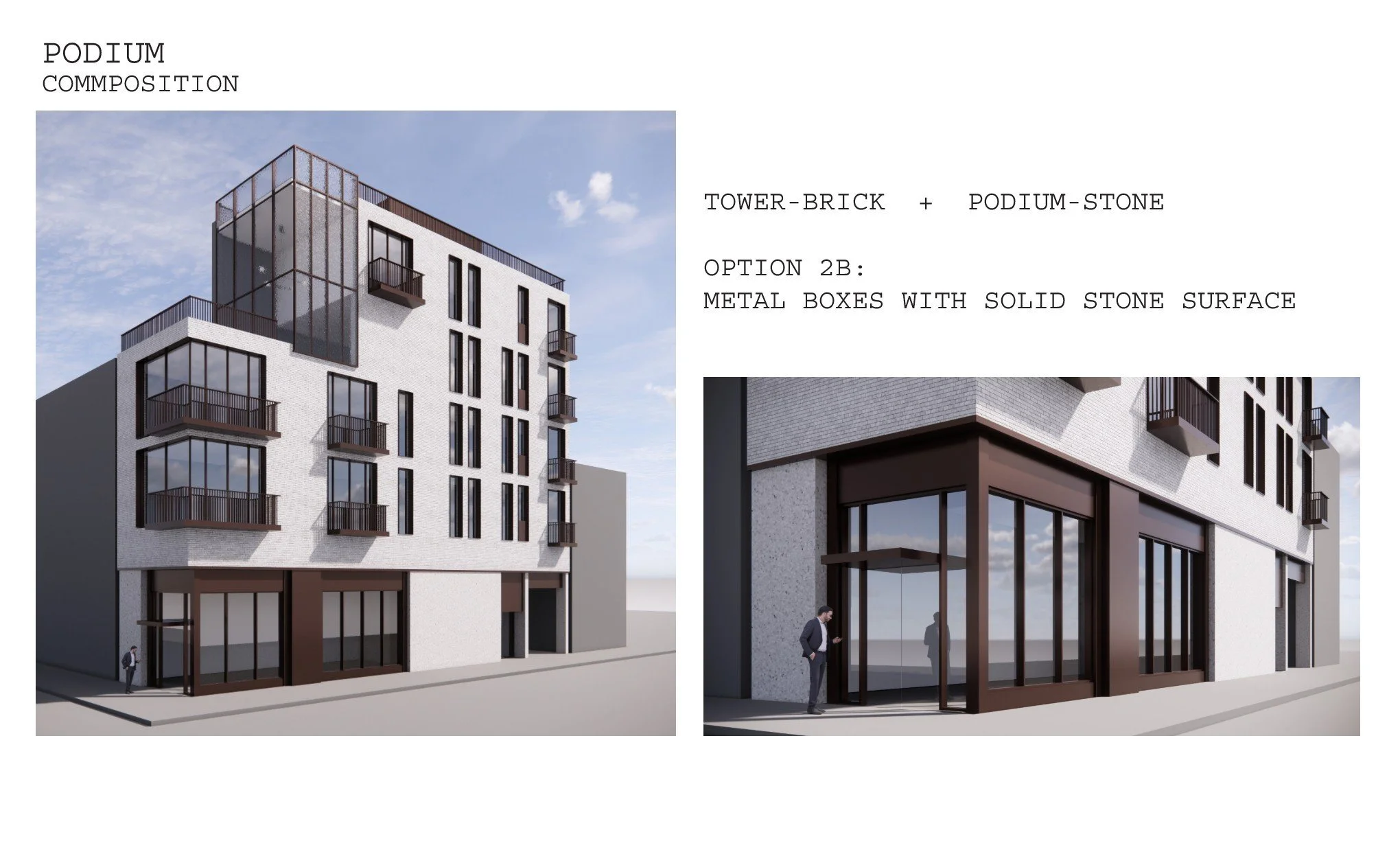 Architectural rendering of a modern multi-story building with white brick facade, large glass windows, and metal balconies, with people walking nearby.