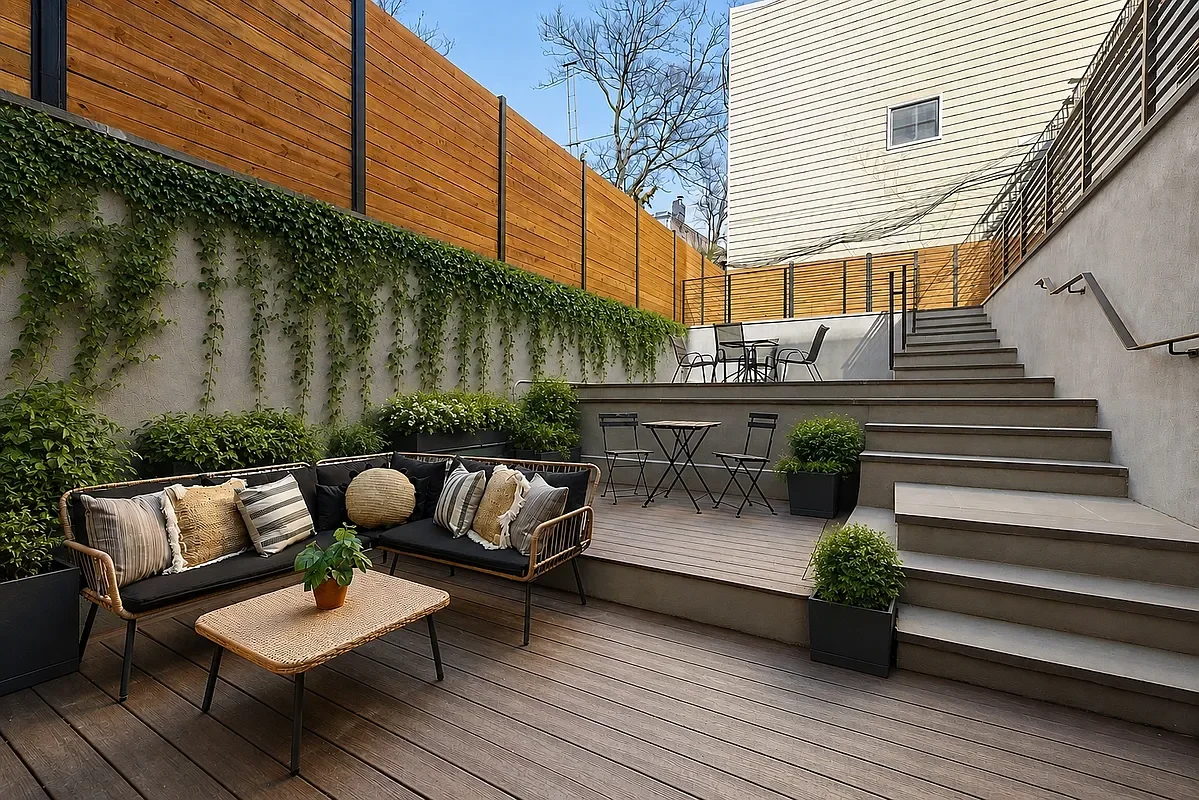 Outdoor patio with wooden decking, black sofas with pillows, potted plants, metal tables and chairs, a staircase with railing, wooden fence, and a beige building wall in the background.