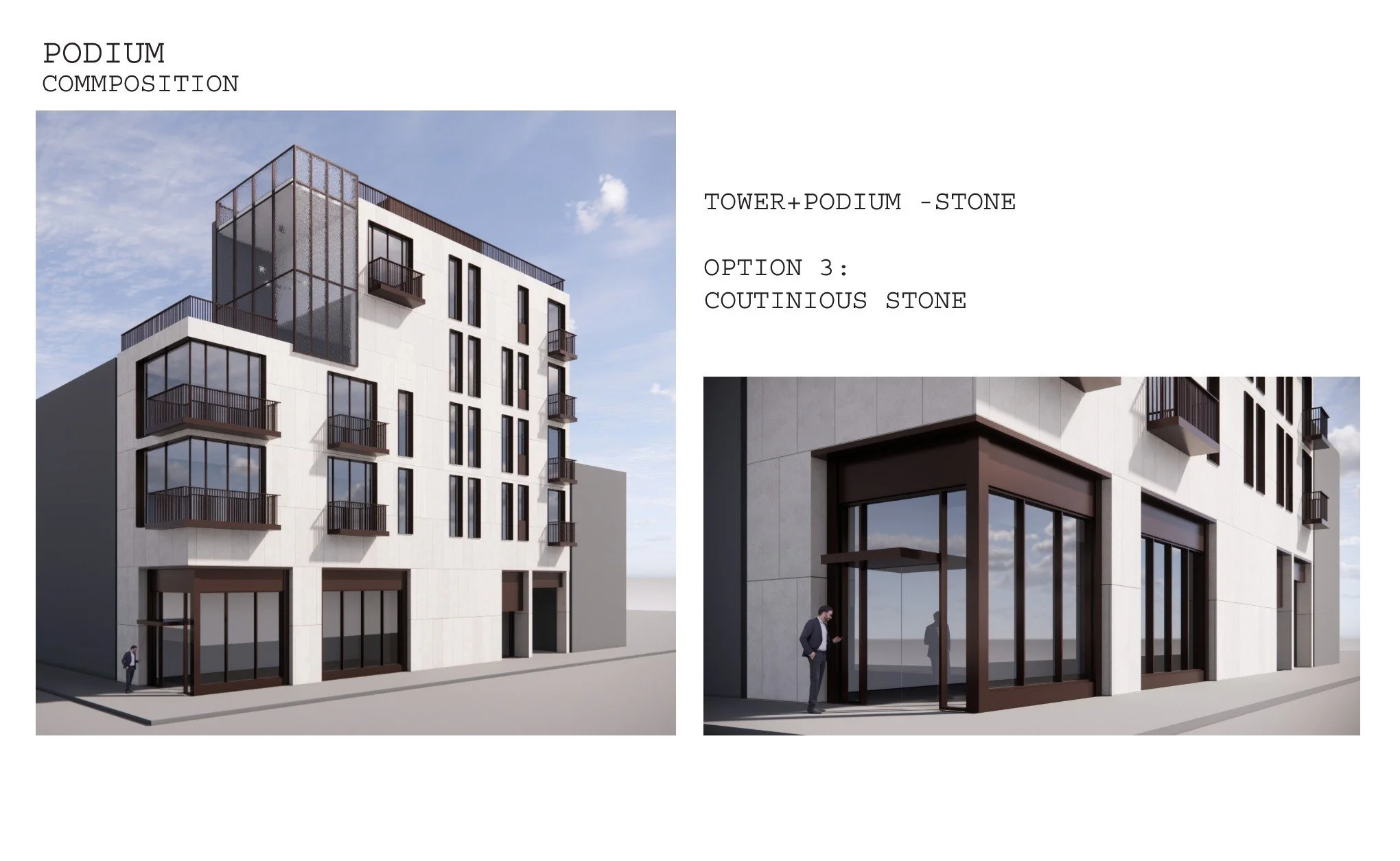 Architectural rendering of a modern multi-story building with large windows and balconies, featuring a mix of white and dark exterior materials, with a blue sky background.