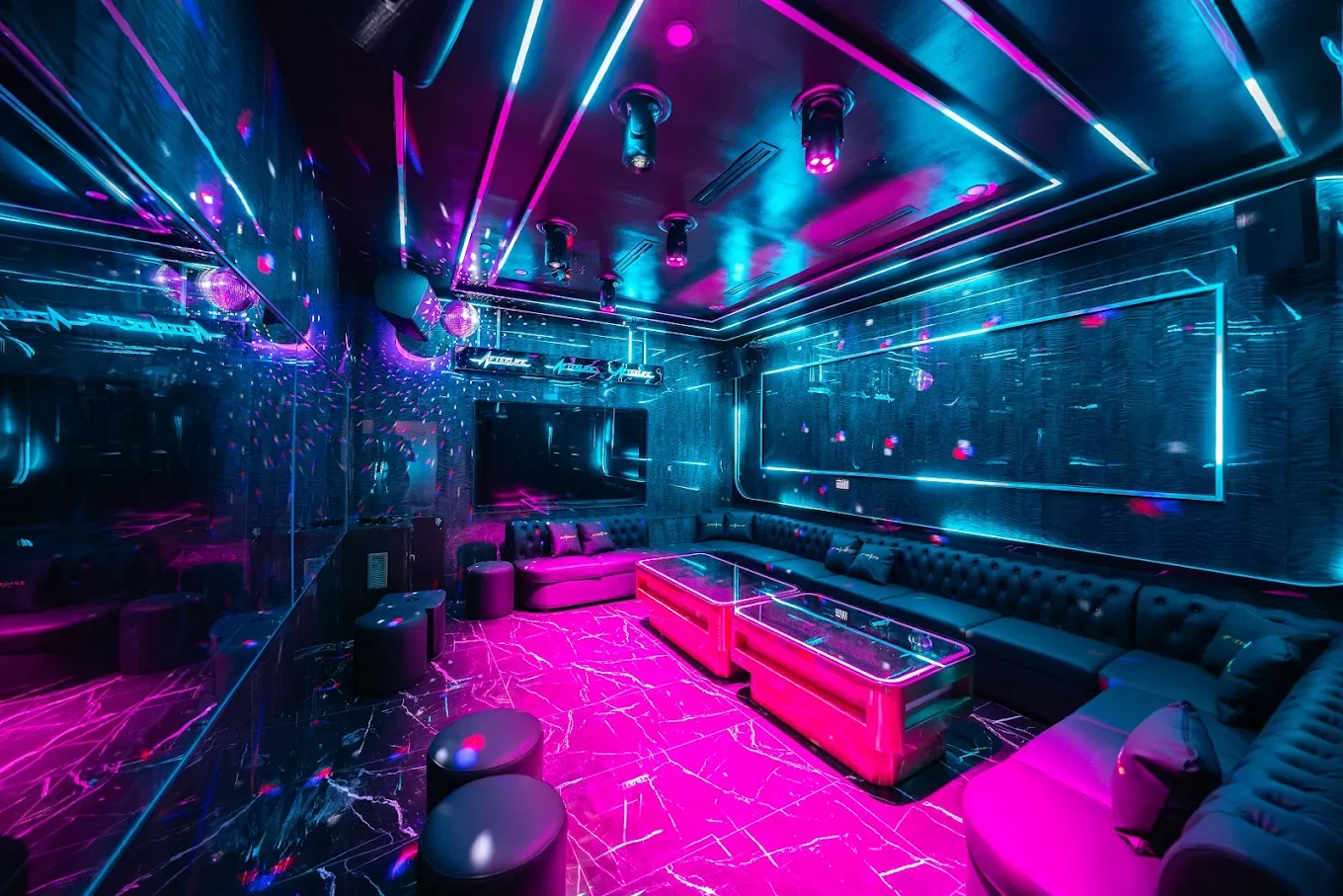 Colorfully lit lounge with black leather sofas, neon pink and blue lighting, glass tables, and small stools on black marble flooring.