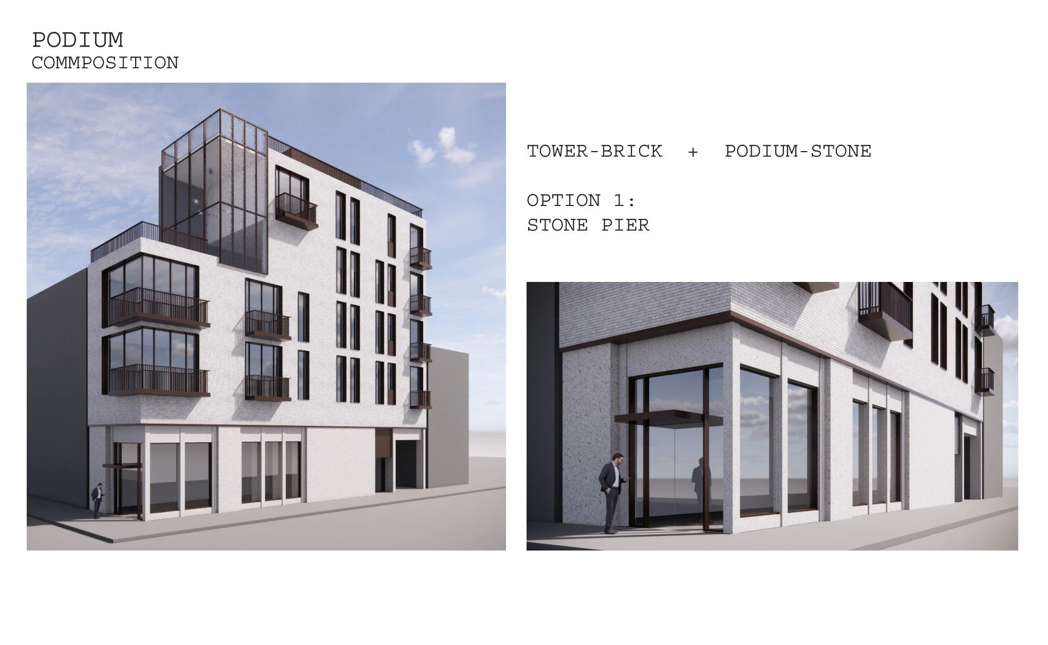 Architectural render of a modern multi-story building with balconies, glass and brick facade, and large windows, set against a blue sky with clouds.
