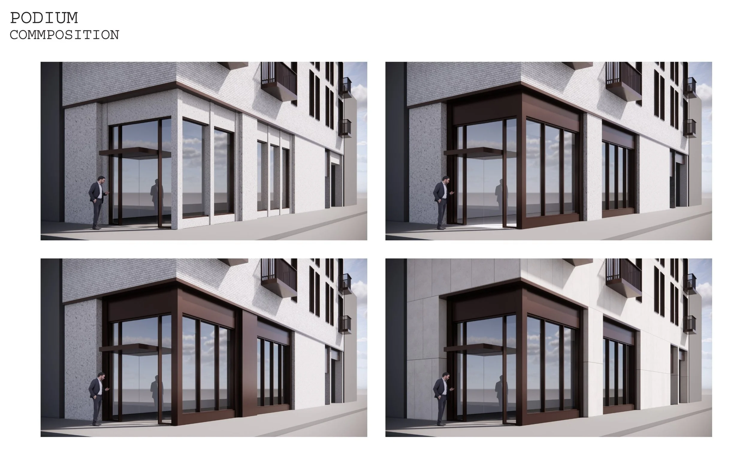 Architectural design concept for a building facade showing different material and frame options for large windows and entrances, with a man in a suit checking his phone outside.