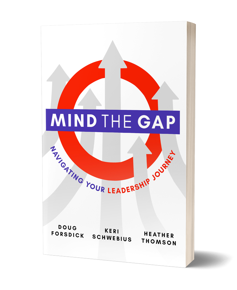 Book cover titled "Mind the Gap" with a circular arrow and upward arrows, and subtitle "Navigating Your Leadership Journey" by authors Doug Forsdick, Keri Schwebius, and Heather Thomson.