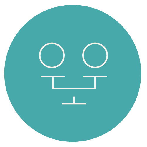 A teal circle with a simple white line drawing of a face, featuring two circular eyes, a horizontal line for a nose, and a straight line for a mouth.