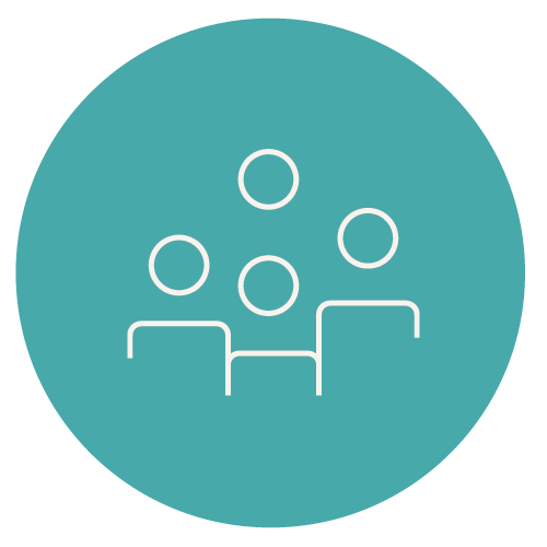 Icon of four people in a meeting or discussion, with three at the bottom and one above, represented by circles.