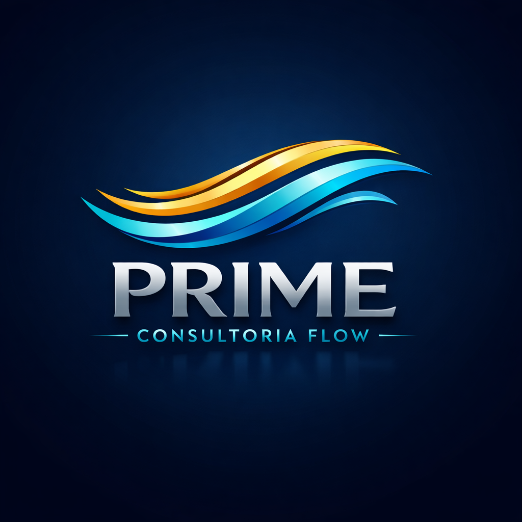 Logo com ondas douradas e azuis e texto "PRIME CONSULTORIA FLOW" em fundo azul escuro.