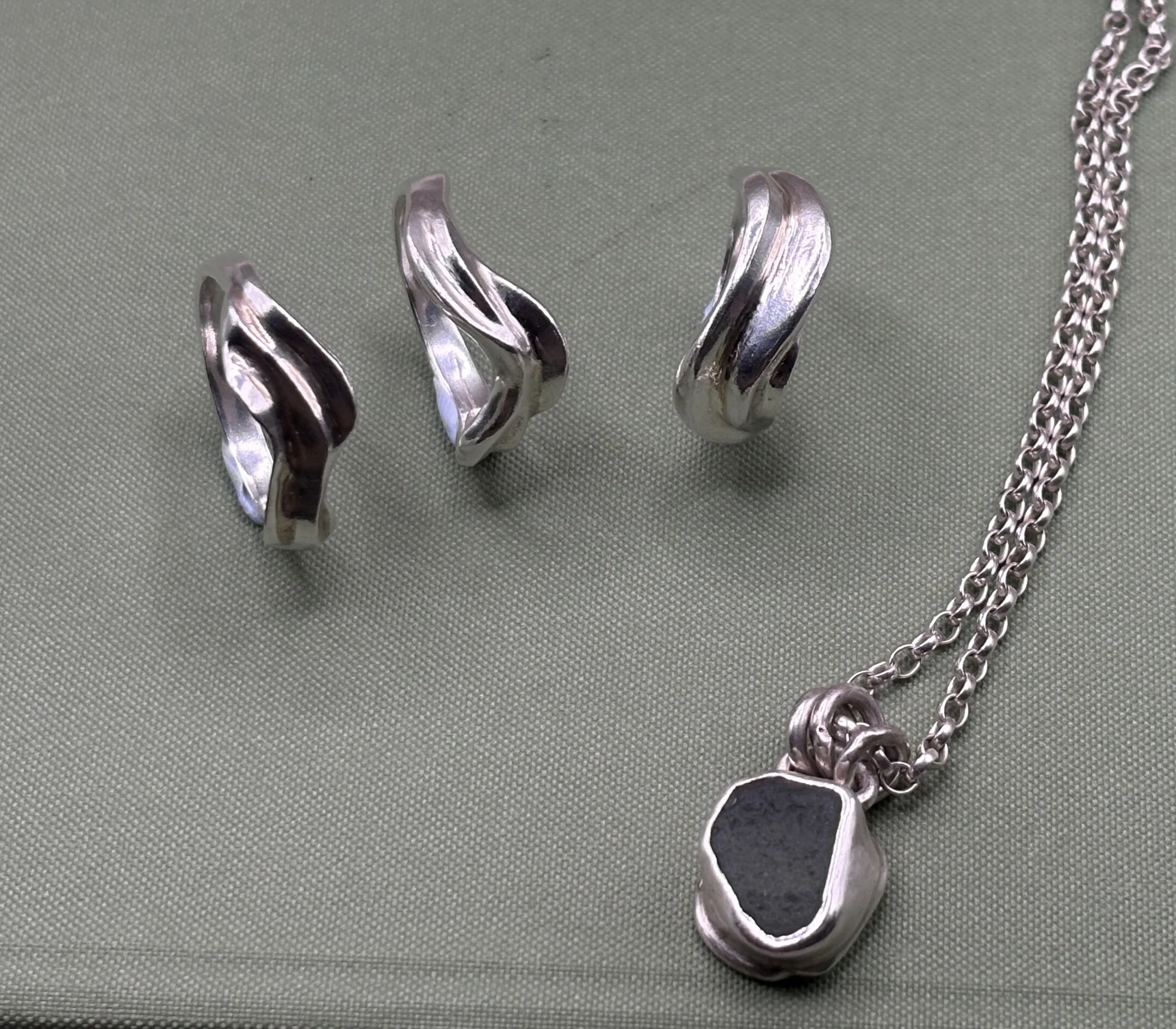 collection on sterling sliver designs, sea glass found on the beaches of pembrokeshire