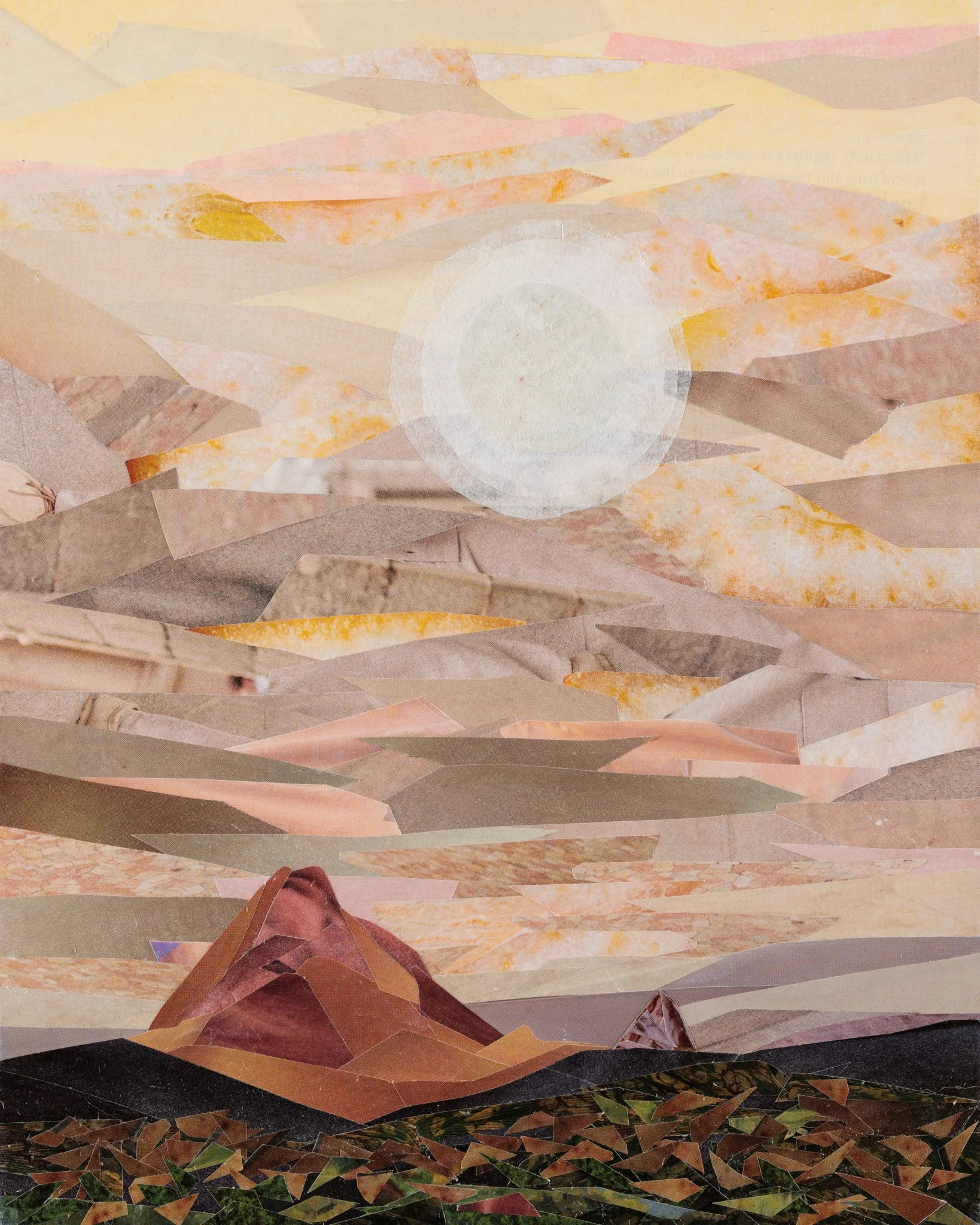 Beneath the Moon #3, repurposed paper collage and cold wax on panel, 10x8