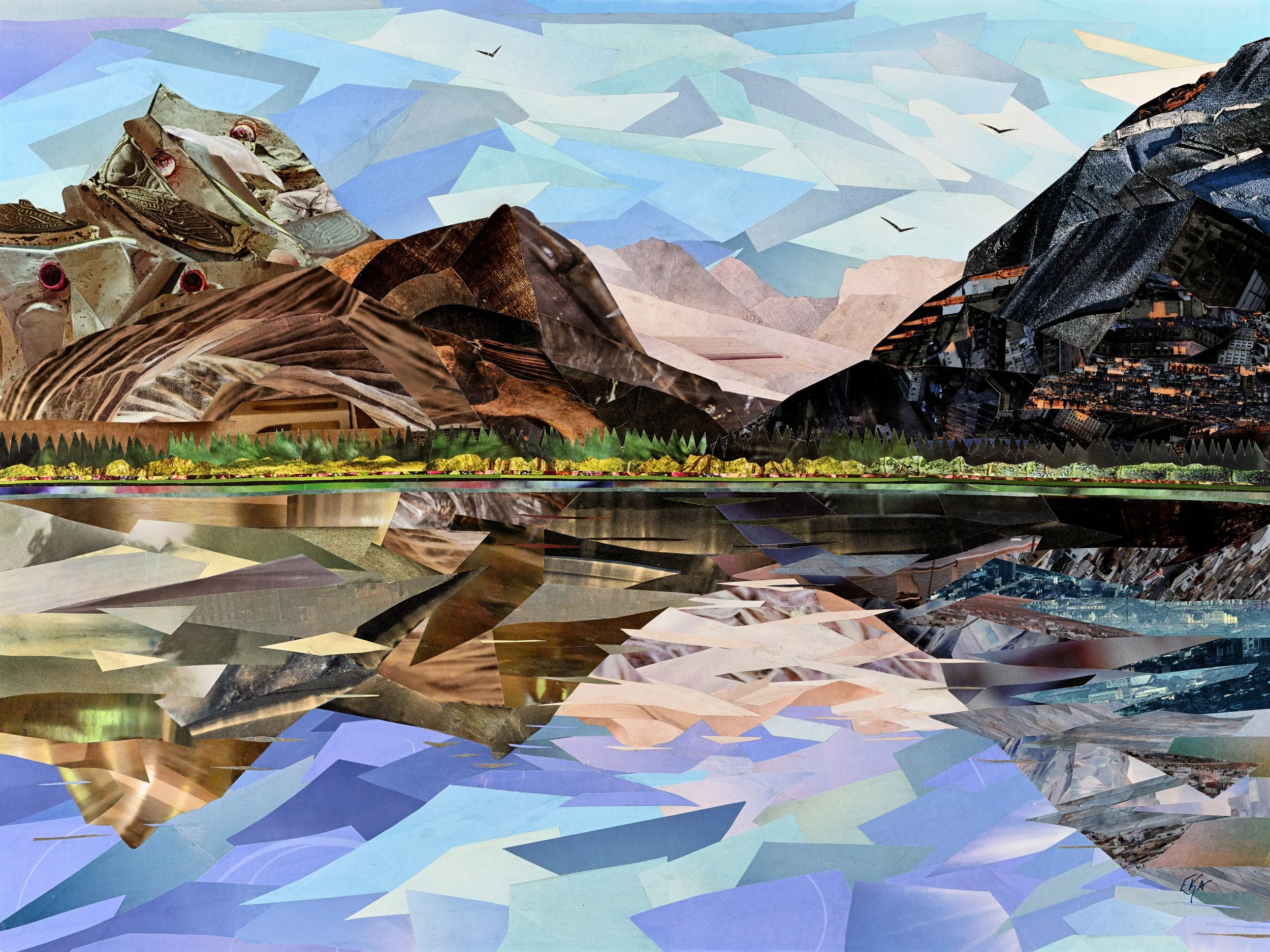 paper collage mountain peaks with reflection in water