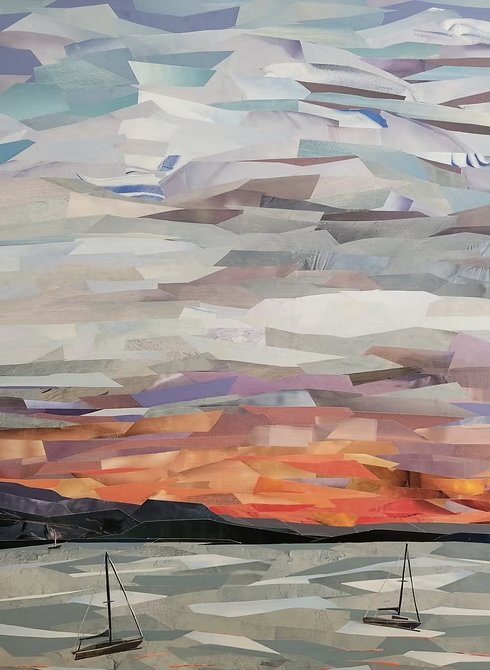 Sunset on the Bay, repurposed paper collage and cold wax on panel, 20x16