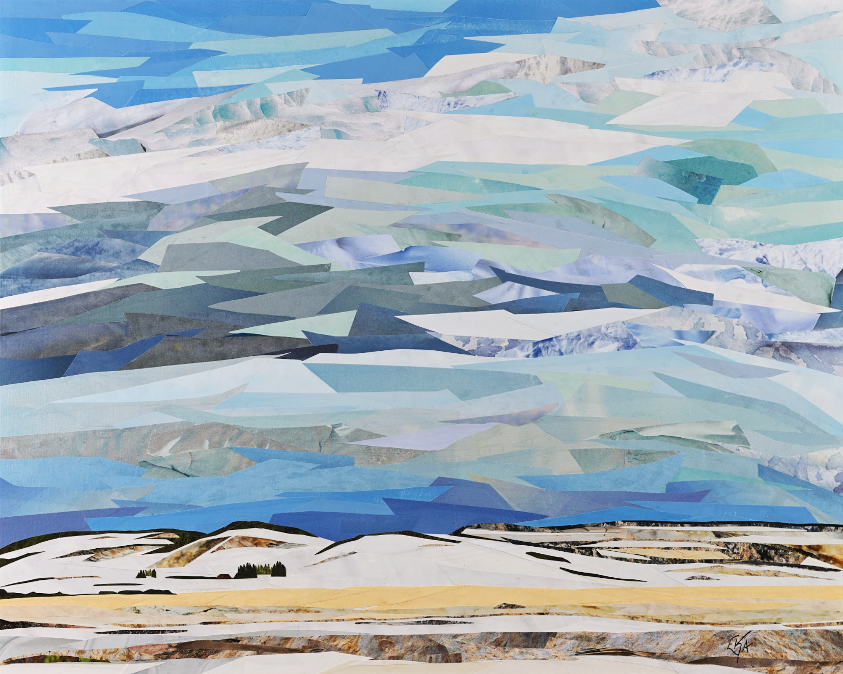 Paper landscape of snow-covered low hills against bright sky