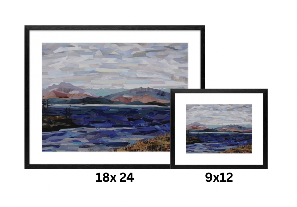 Across the Strait shown in black wood frame with matting for print sizes 18x24 and 9x12