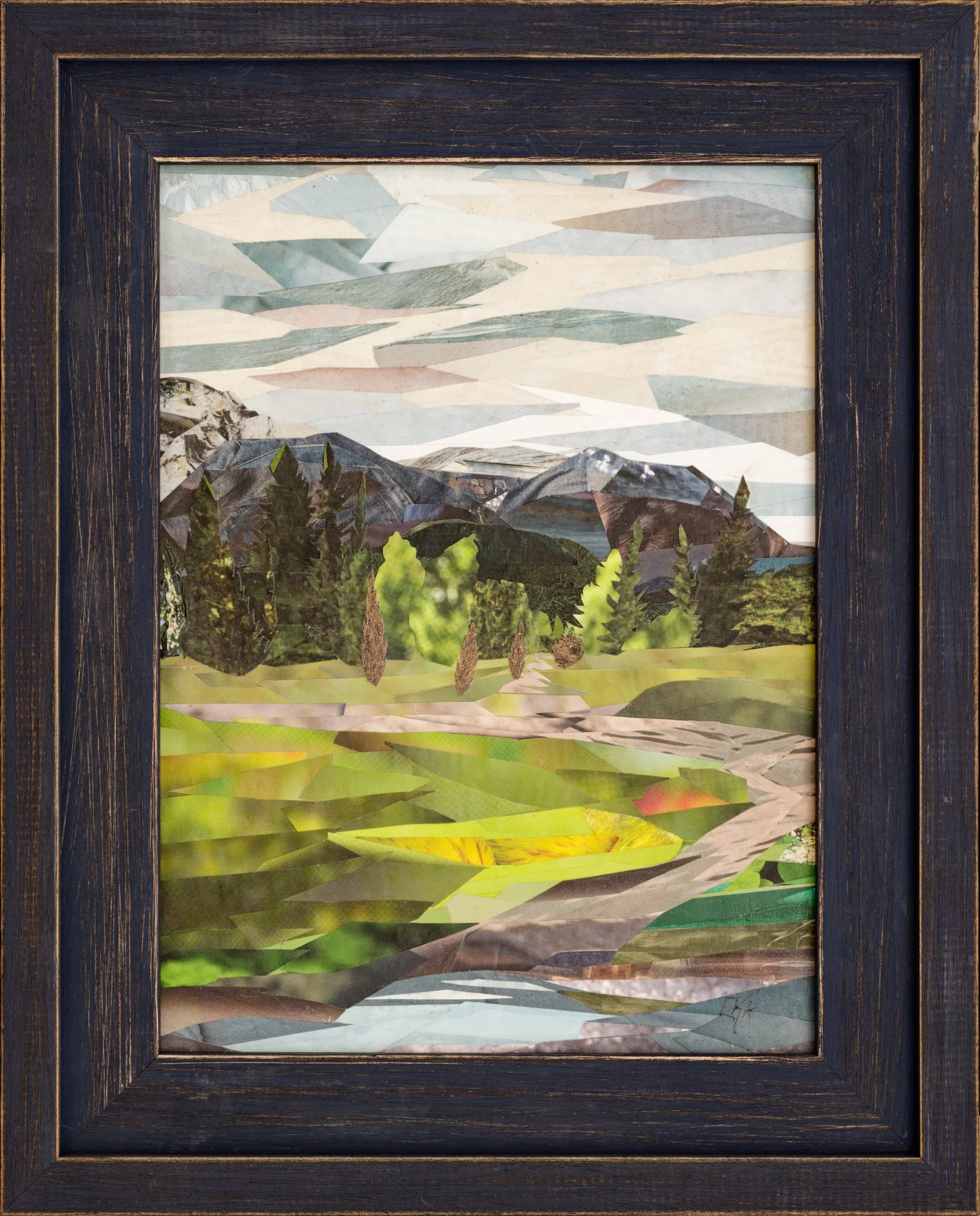 Highs and Lows, repurposed paper collage and cold wax on panel, 12x9