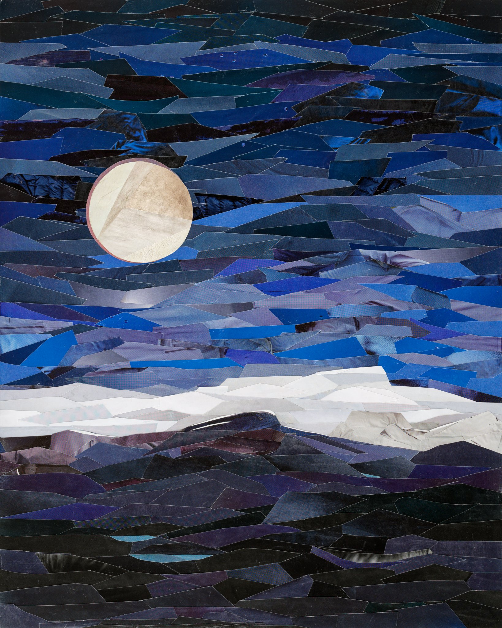 Beneath the Moon #2, repurposed paper collage and cold wax on panel, 20x16