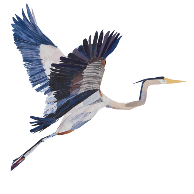 Image of great blue heron, collaged from found paper, from original artwork "By the Sea" by Elena K. Abbott