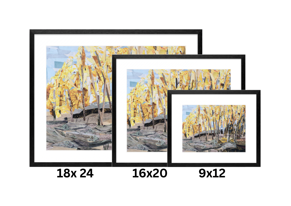Under the aspens shown in black wood frame with white matting, depicting overall framed dimensions of print sizes 18x24, 16x20, and 9x12