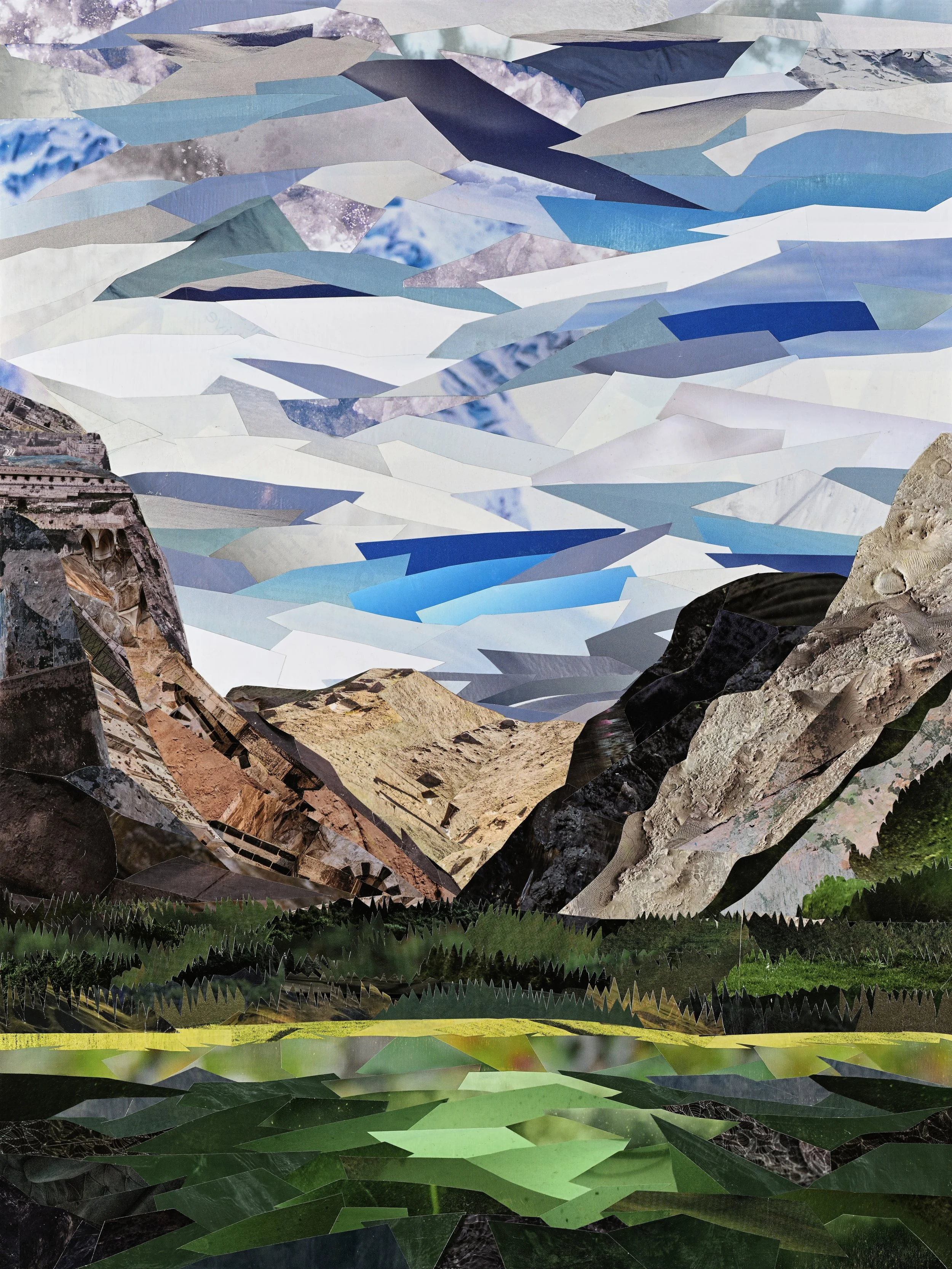 Small Pond, found paper on wood panel, 2026, 24x18