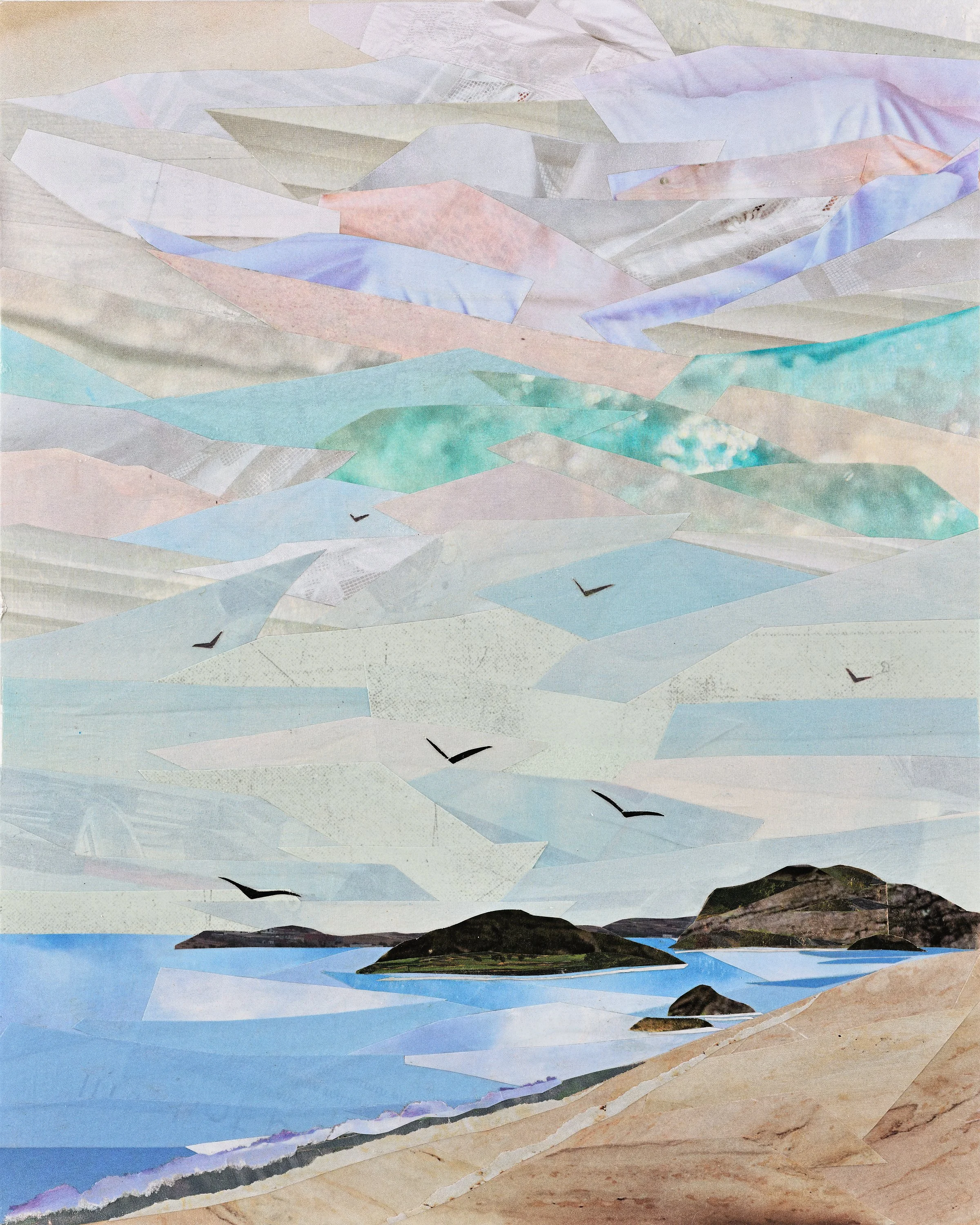 Peaceful Shores, found paper on wood panel, 2026, 10x8