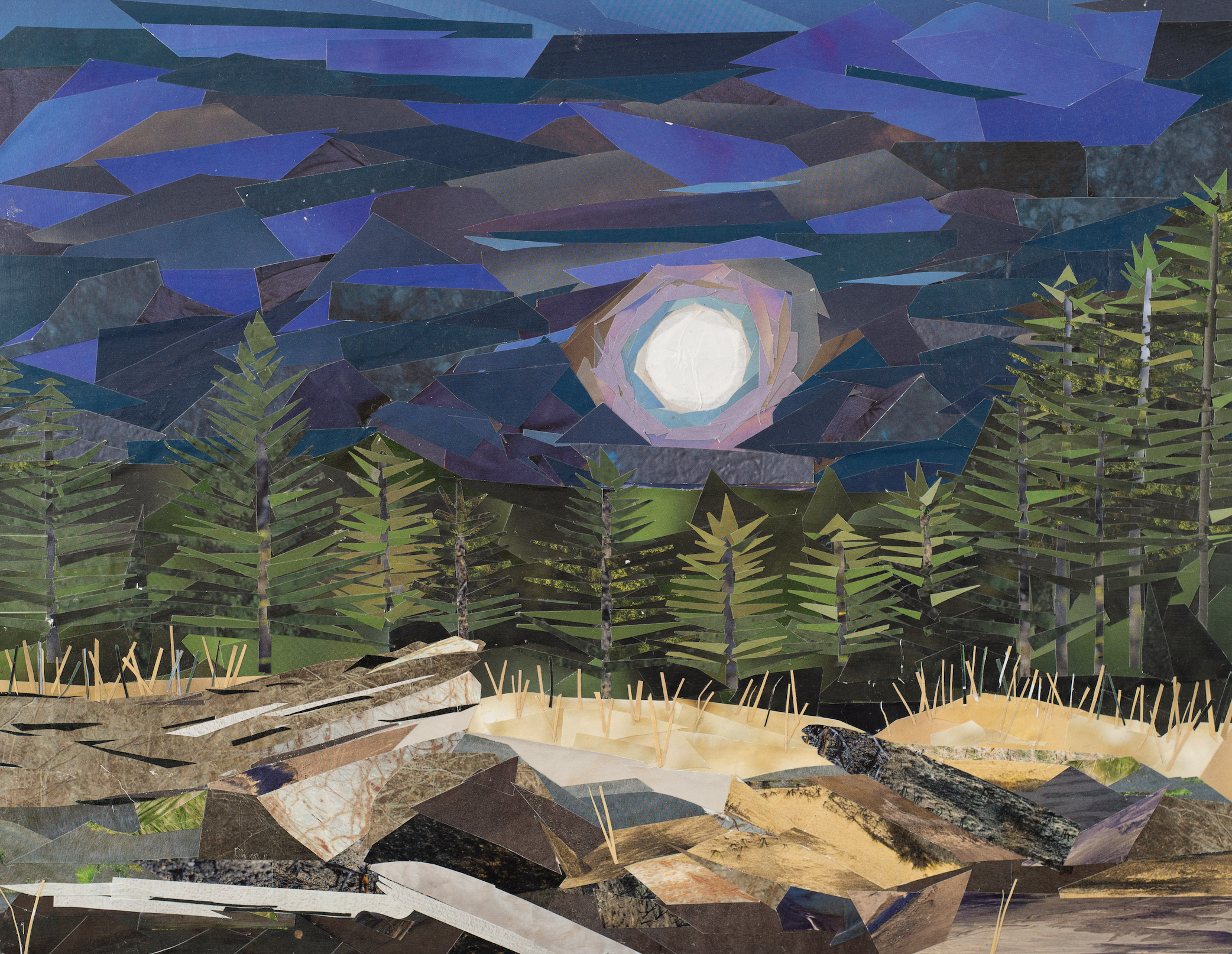 Beneath the Moon #1, repurposed paper collage on paper, 11x14