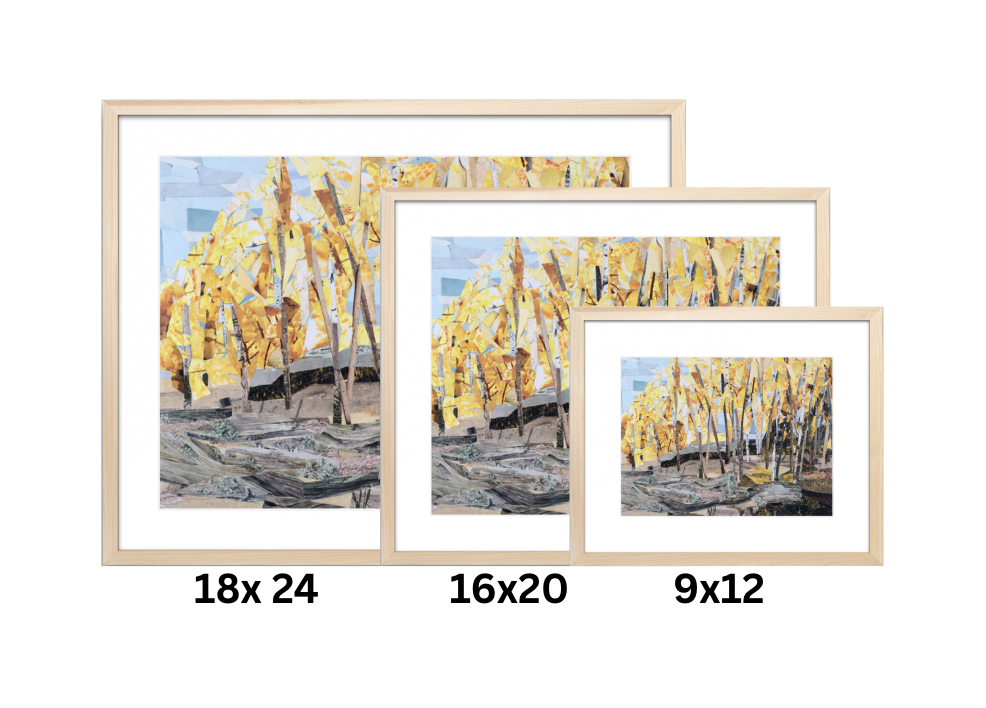 Under the aspens shown in natural wood frame with white matting, depicting overall framed dimensions of print sizes 18x24, 16x20, and 9x12