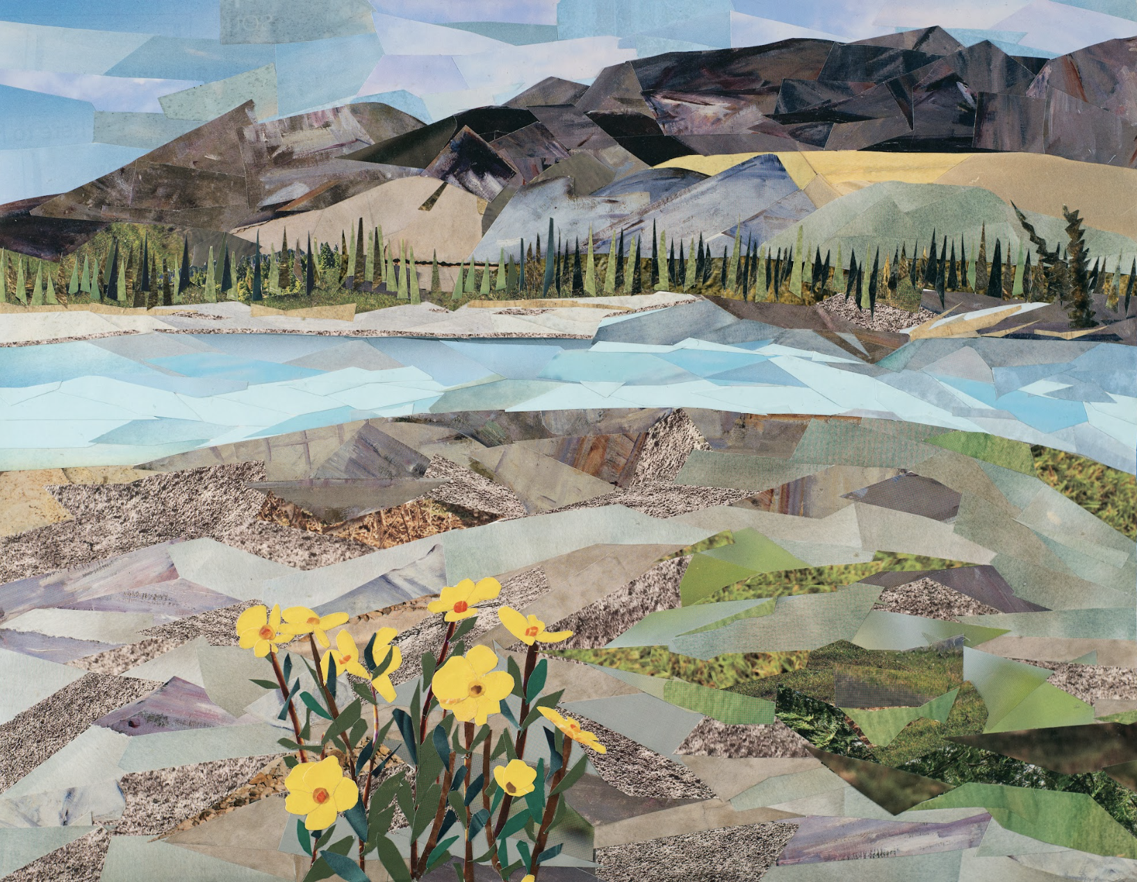 Collage depiction of mountains beyond a turquoise river, a yellow potentilla shrub in the foreground