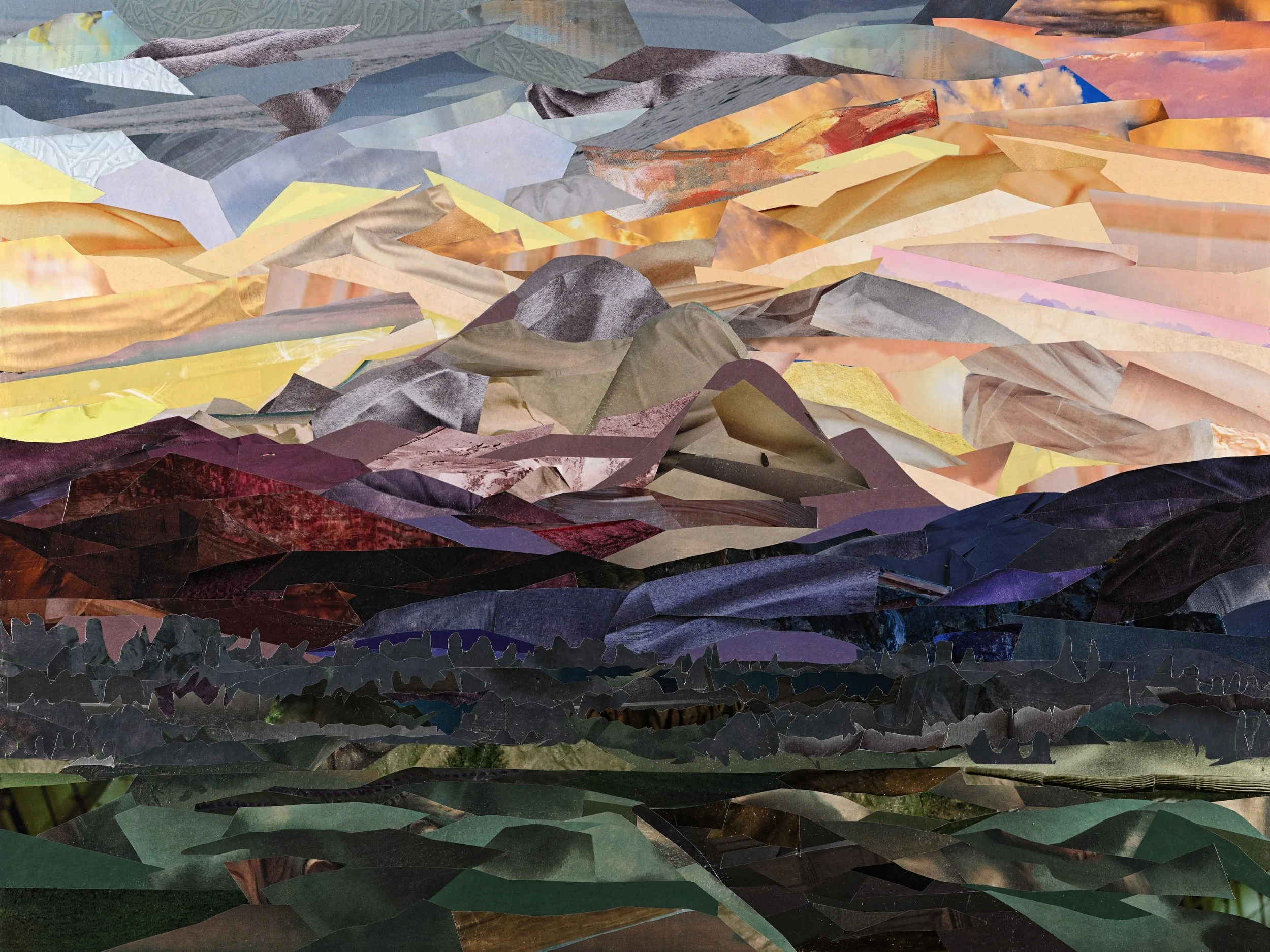 Layered collage landscape depicting Mount Baker in a lush sunset