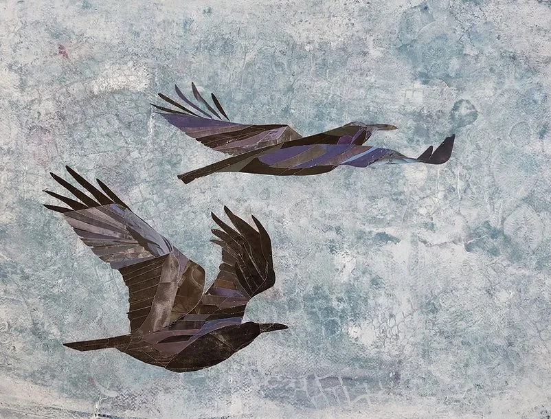 Through the Snow, repurposed paper collage and acrylic on paper, 16x22