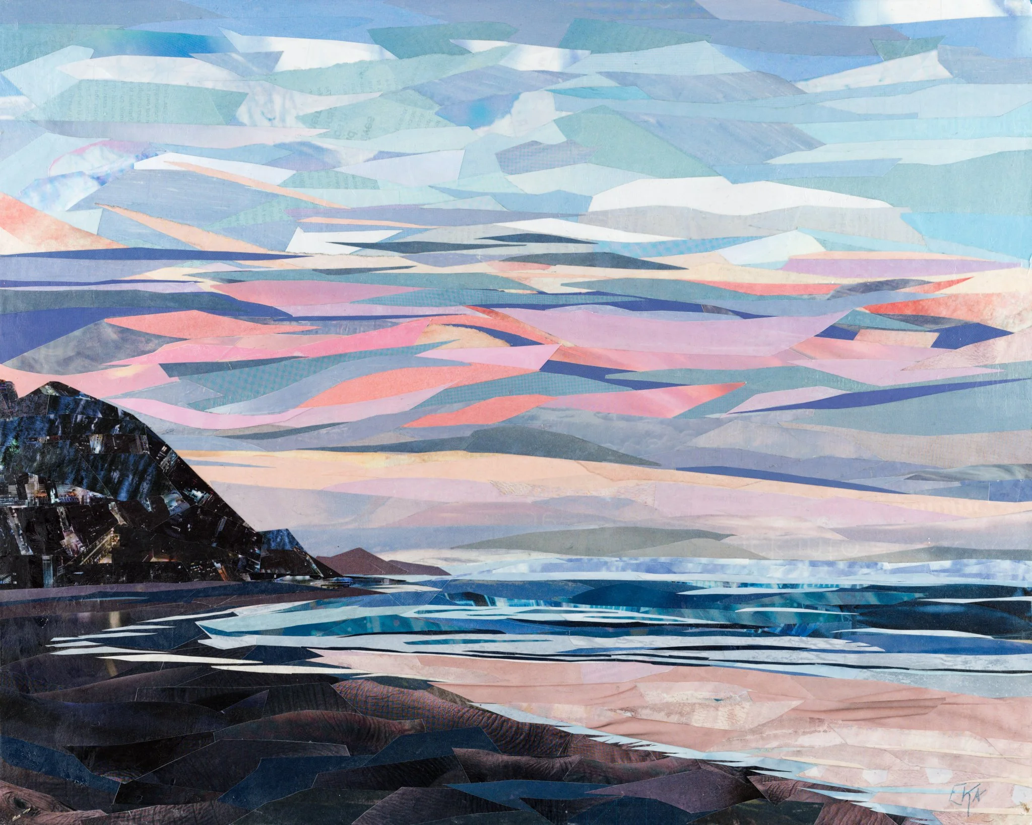 Eventide Beach Walk, repurposed paper collage and cold wax on panel, 16x20