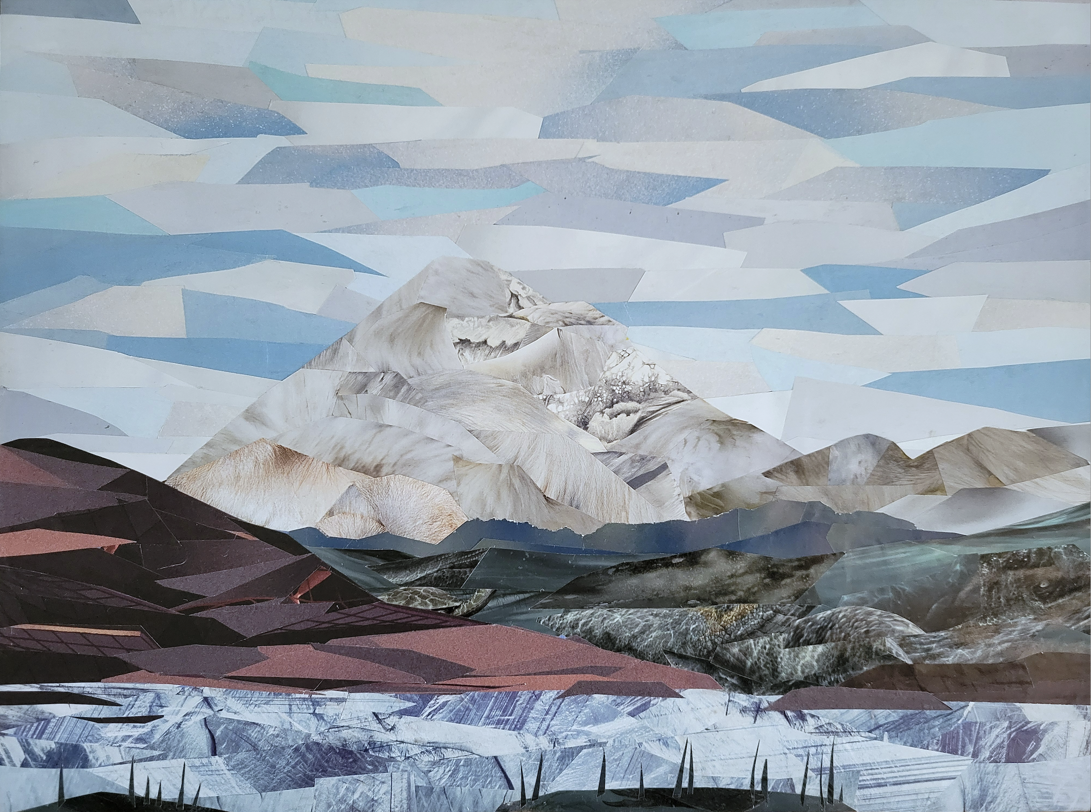 Rising Up, repurposed paper collage and cold wax on panel, 11x14