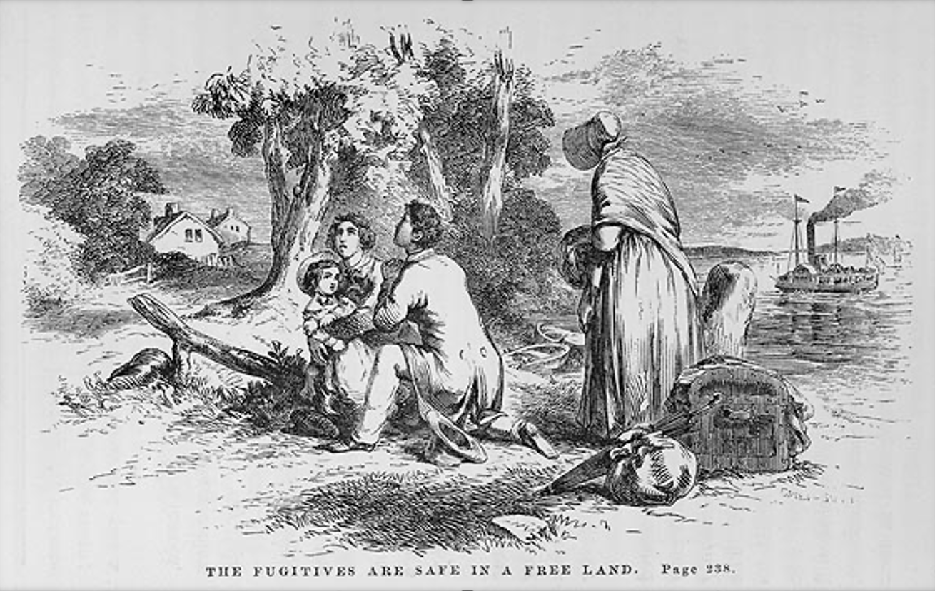 Historical engraving for Harriet Beecher Stowe’s Uncle Tom’s Cabin, titled "The Fugitives Are Safe in a Free Land." It features a family kneeling on the ground on the shore of Canada, looking to the heavens in thanks.