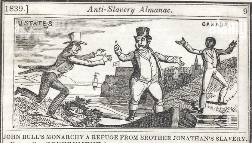 Cartoon depiction from the Anti-Slavery Almanac of 1839 titled "John Bull's Monarchy a Refuge from Brother Jonathan's Slavery." It depicts a British John Bull standing at the border of Canada, with a raised arm to stop an enslaver from crossing.