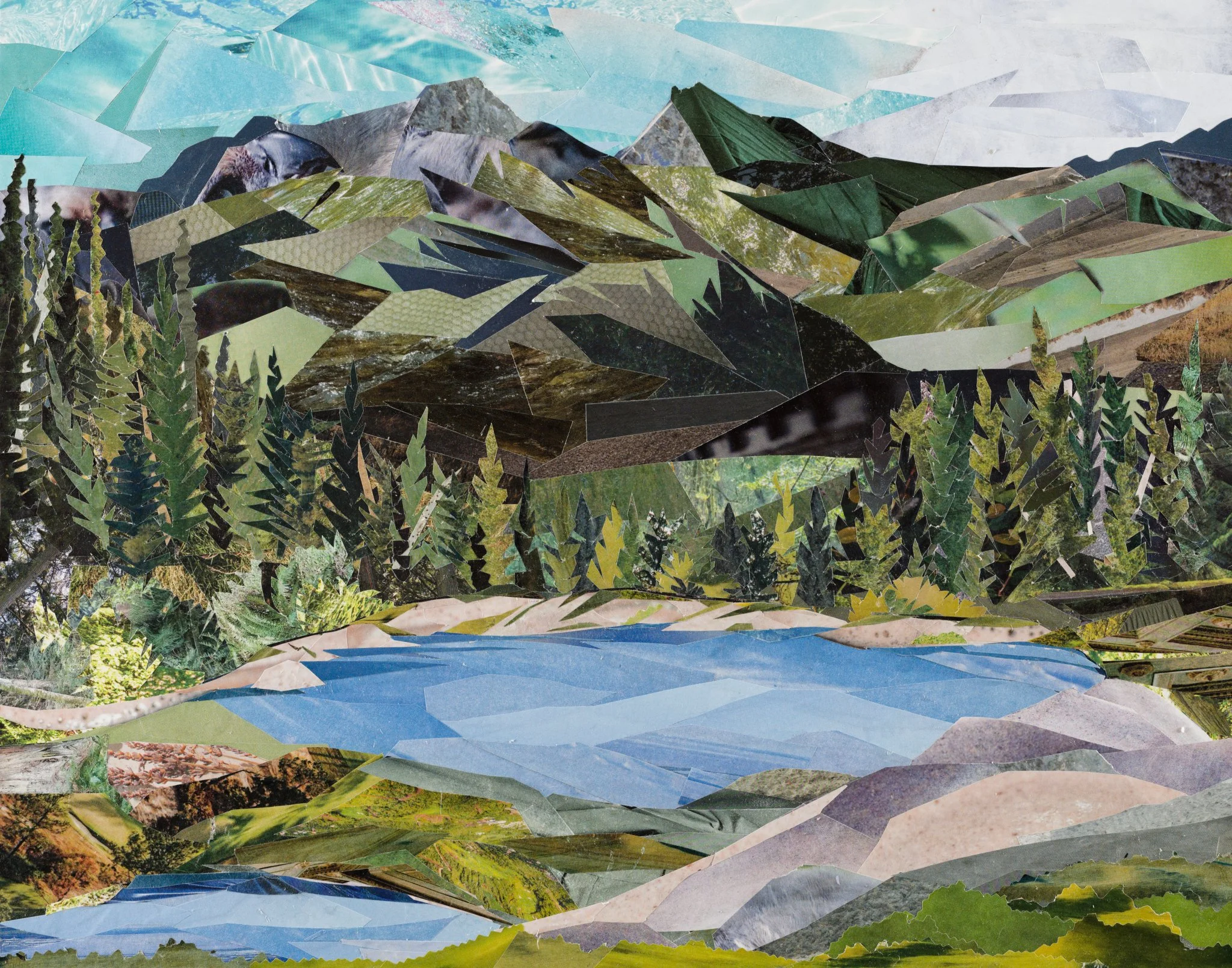 Across the Lake #1, repurposed paper collage and cold wax on panel, 11x14