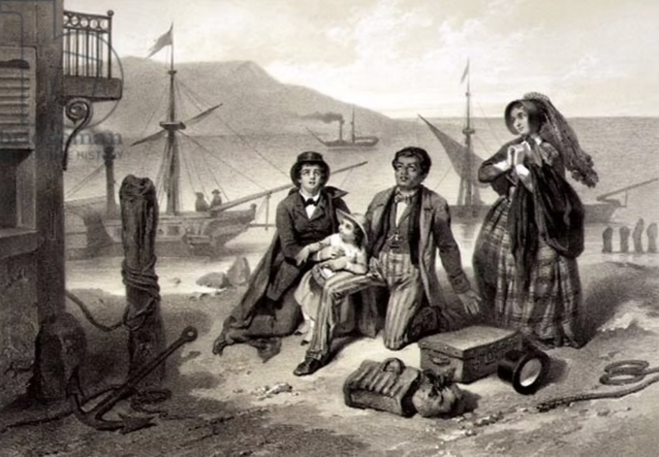 Adolphe Jean-Baptiste Bayot, The Arrival in Canada, engraved for Harriet Beecher Stowe’s Uncle Tom’s Cabin. Features a family kneeling on the ground on the shore of Canada, looking to the heavens in thanks.