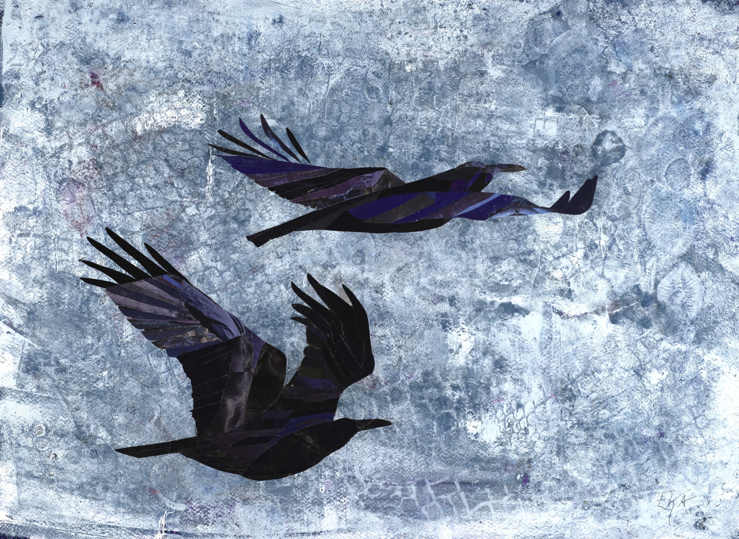 Through the Snow, found paper and acrylic on paper, 2025, 16x22