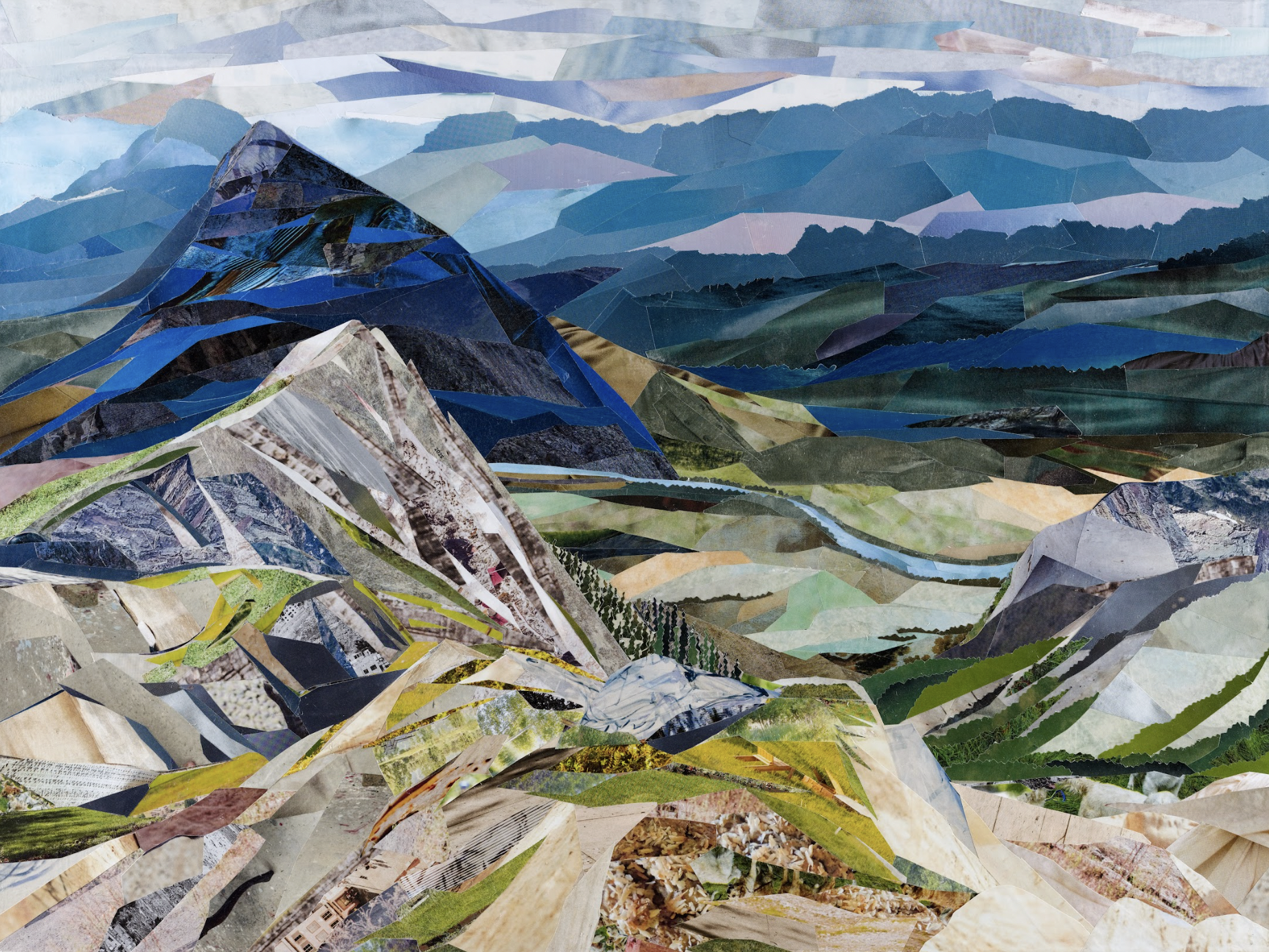 The Valley Below, found paper and cold wax on panel, 2025, 18x24