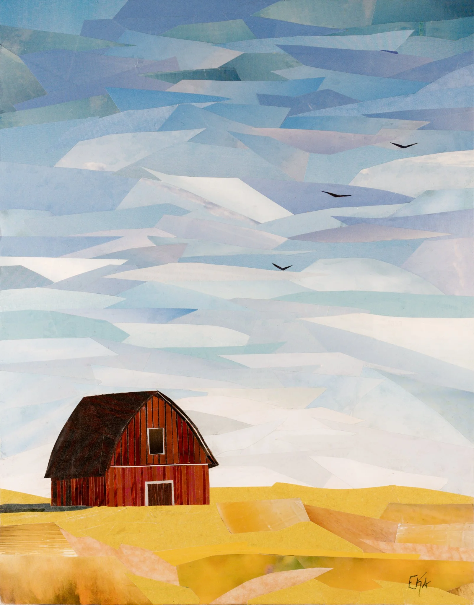 On the Plains #1, repurposed paper collage and cold wax on panel, 14x11