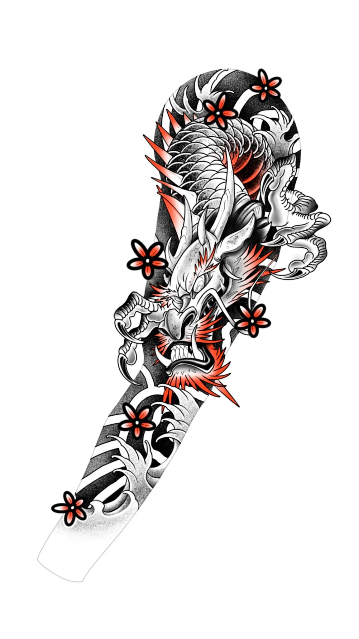 A tattoo design of a dragon's face in black, white, and red, surrounded by red and black flowers, on a white background.