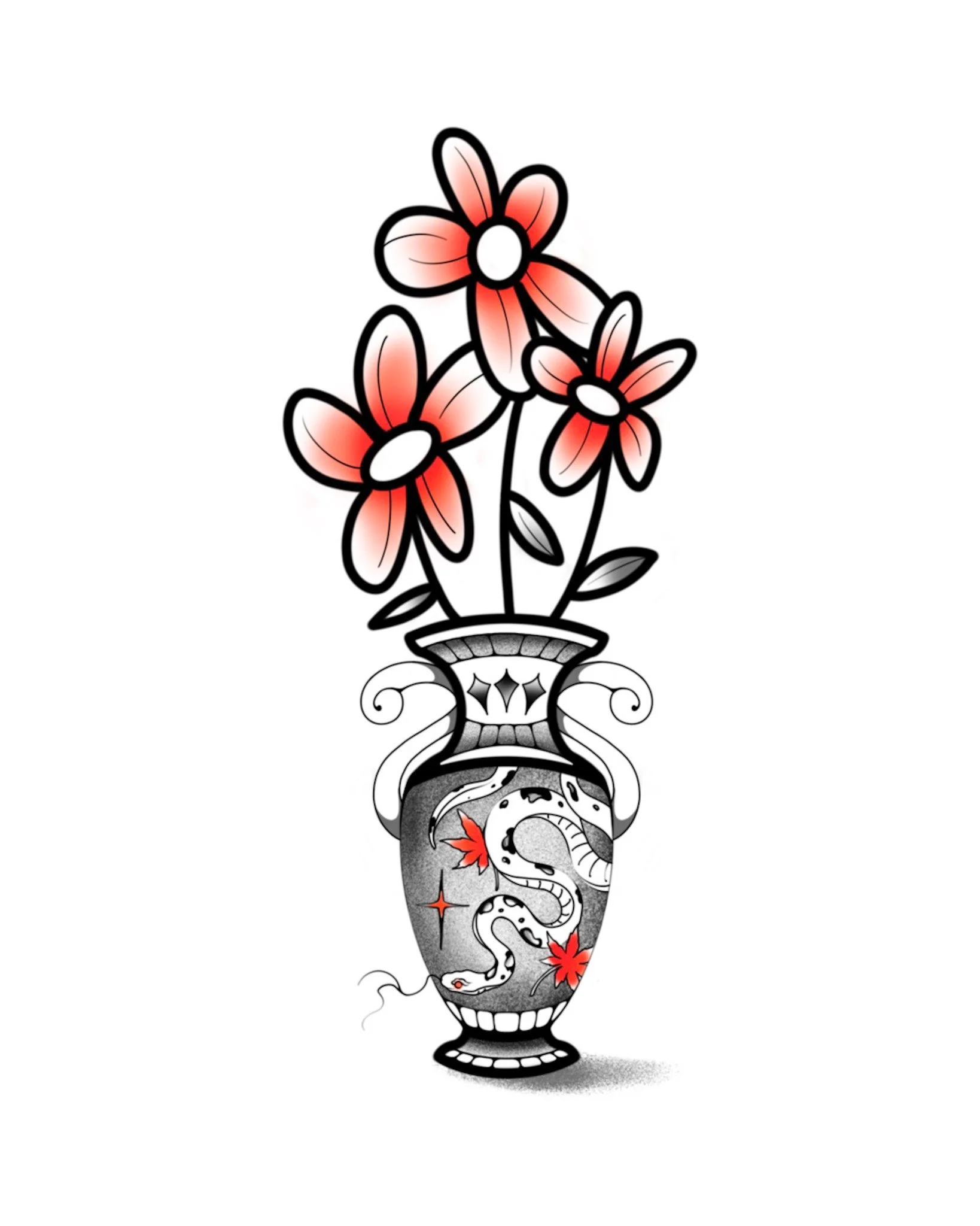 A black and white tattoo-style illustration of a vase with three pink and red flowers, containing a snake and red leaves inside.