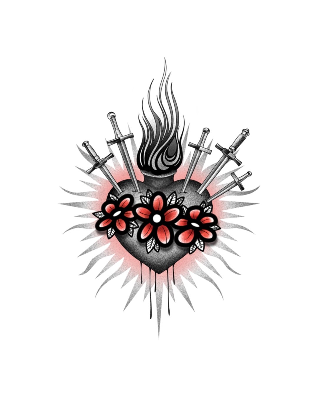 A tattoo-style illustration of a black heart with red flowers, five swords piercing the heart, and flames or smoke rising from it, surrounded by radiating lines.