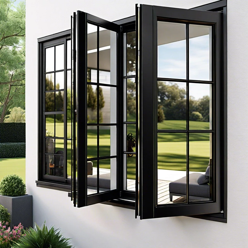 Open black-framed glass casement window with multiple panes, overlooking a green backyard with trees and grass.