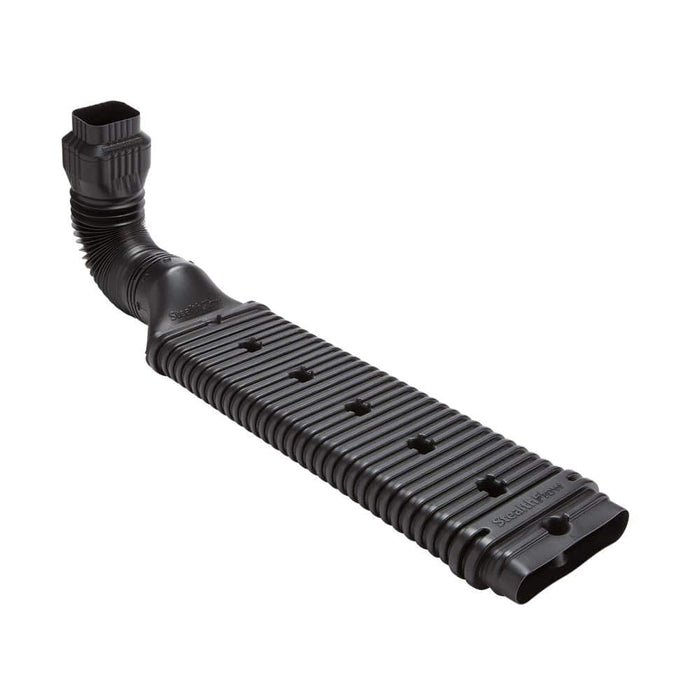 Flexible black gutter extension with a ribbed exterior and a 90-degree elbow connector.
