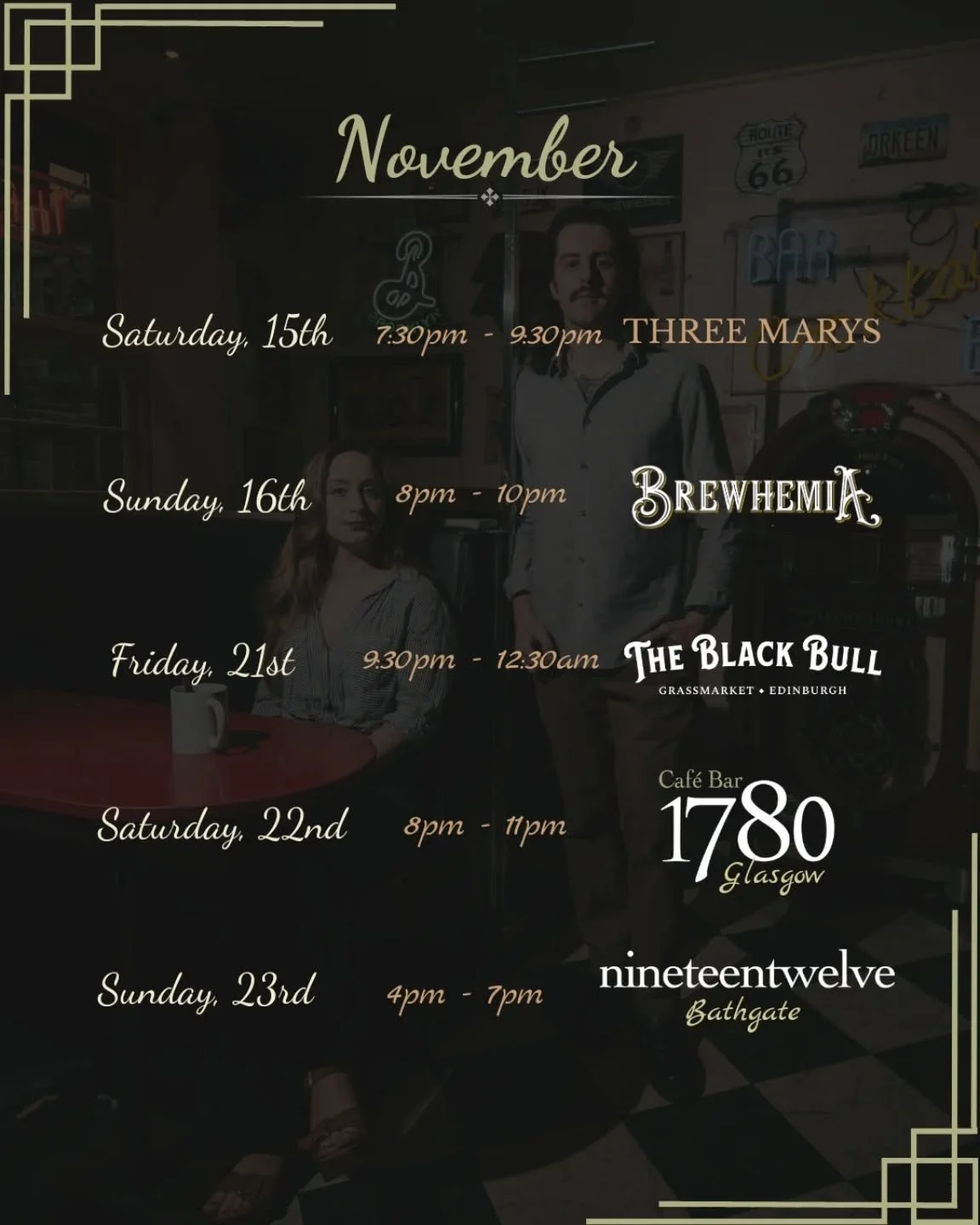 Here's where to find us for the rest of November 🤎🍂

&bull; Saturday, 15th at @threemarysleith 7.30pm - 9.30pm
&bull; Sunday, 16th at @brewhemiaedin 8pm - 10pm
&bull; Friday, 21st at @blackbulledinburgh 9.30pm - 12.30am
&bull; Saturday, 22nd at @17
