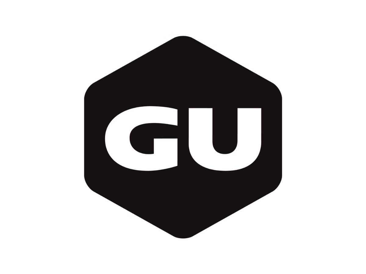 Black hexagon with white letters "GU" in the center.