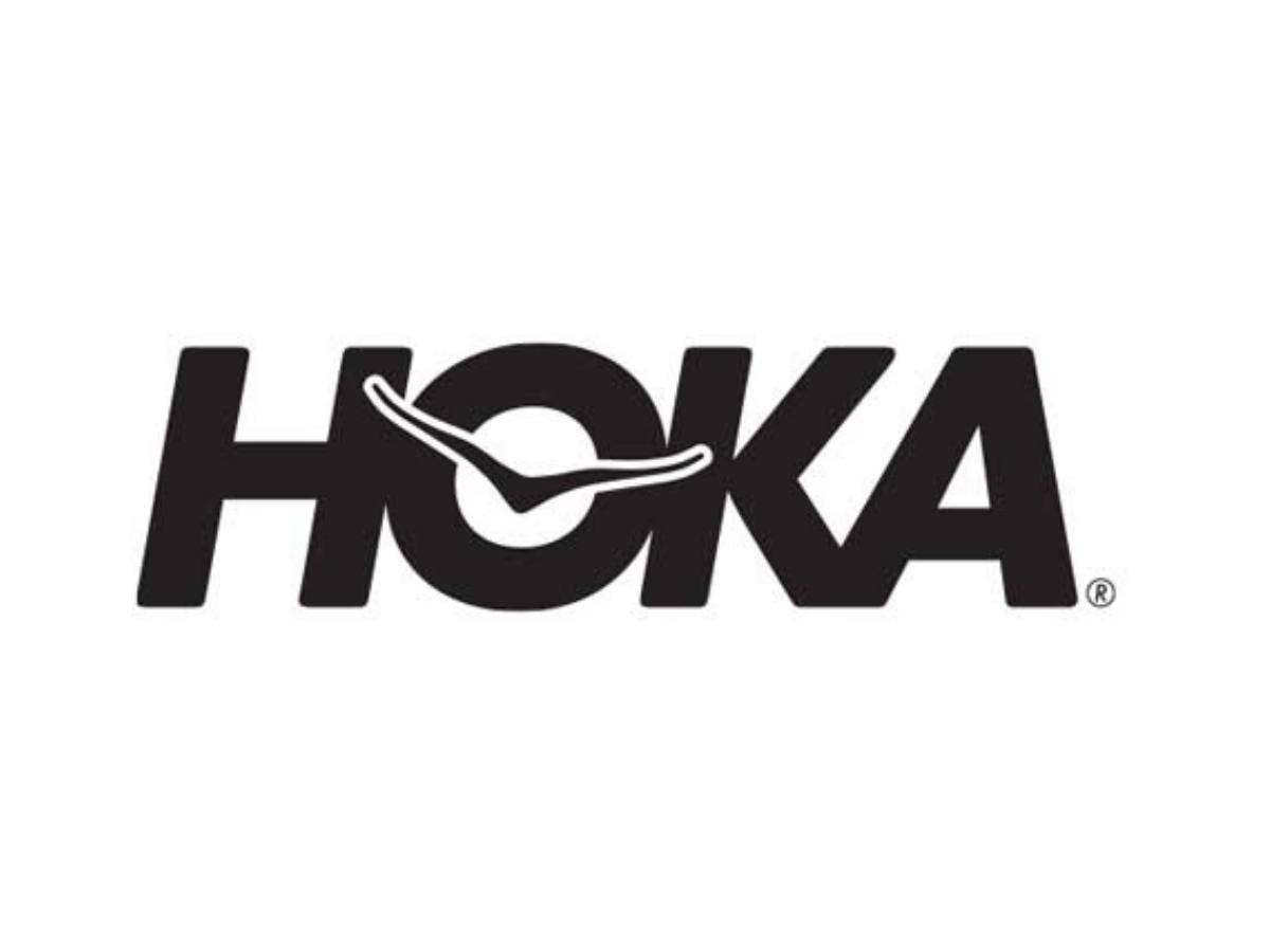 HOKA logo with a stylized font and a checkmark integrated into the letter 'O'