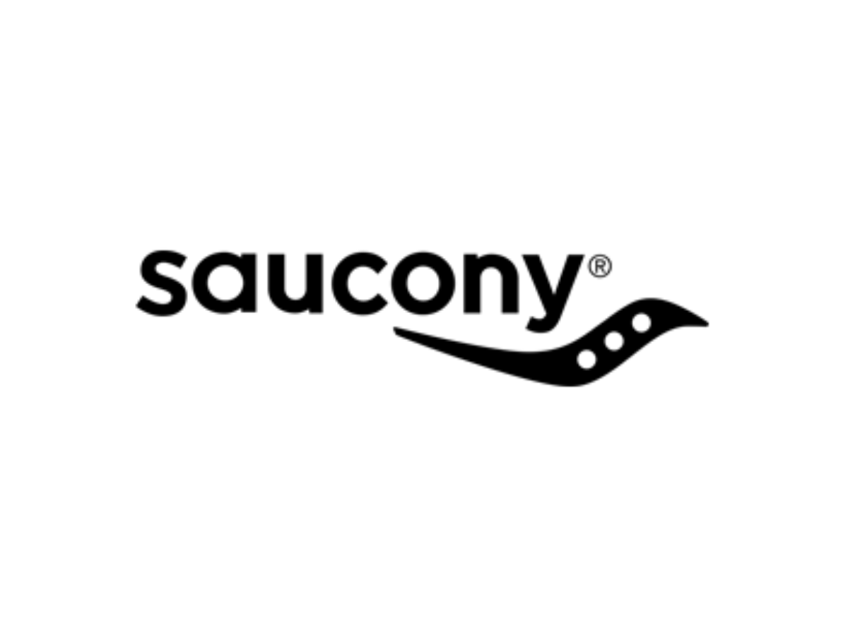 Saucony logo in black and white with the word 'saucony' and a stylized wave design underneath.
