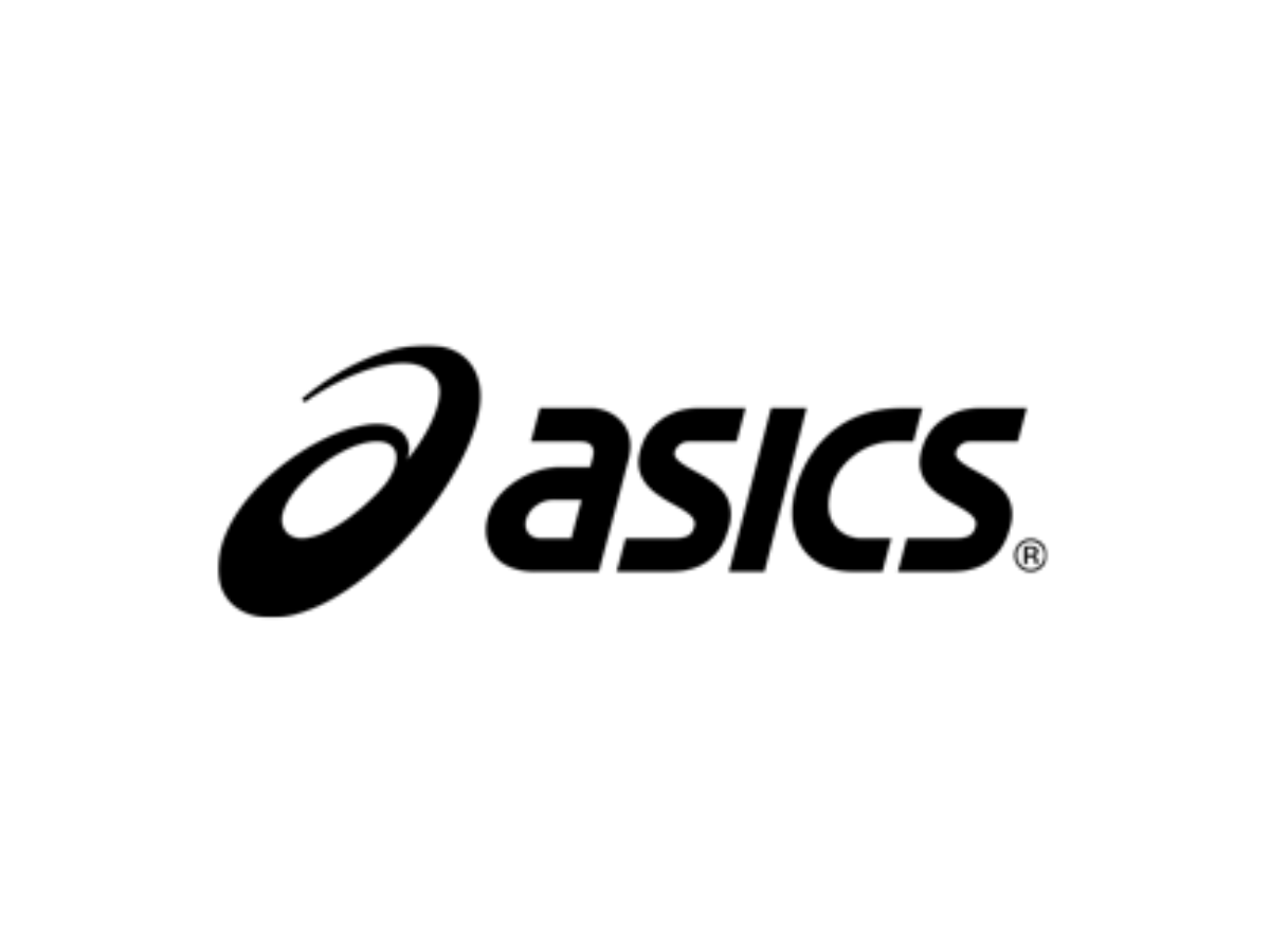 Black and white ASICS logo with stylized text and curved design element