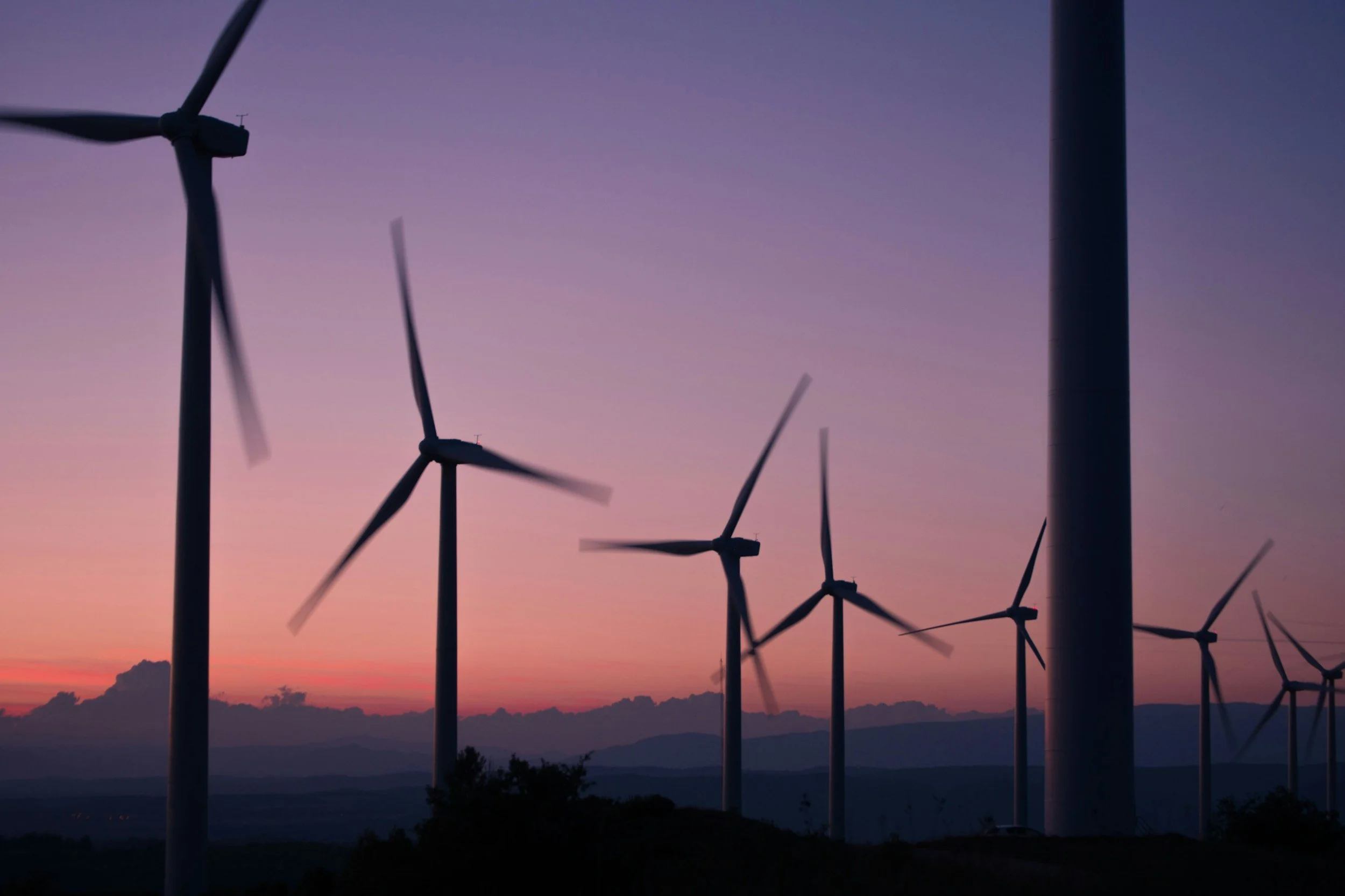 A row of wind turbines as the evening sun sets.