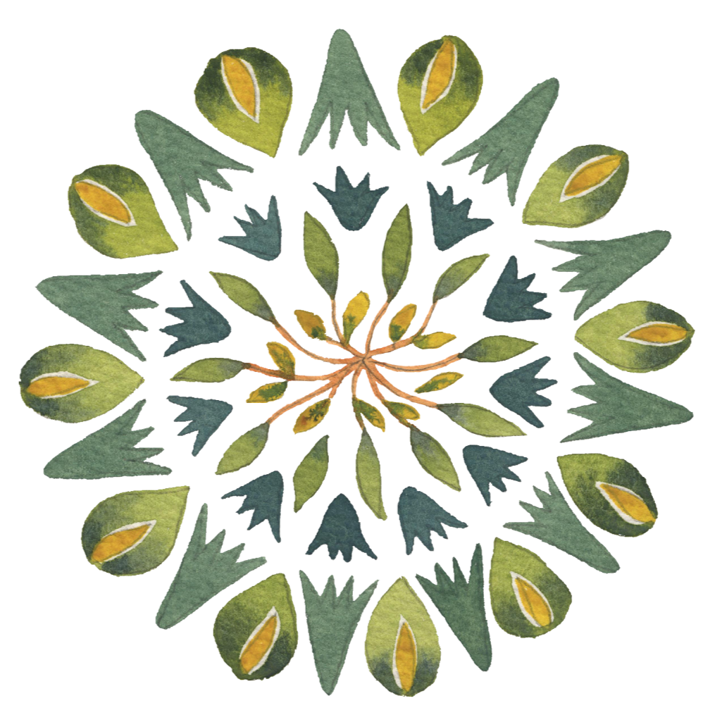 Motif floral aquarelle avec des feuilles vertes et des éléments jaunes, disposés en cercle