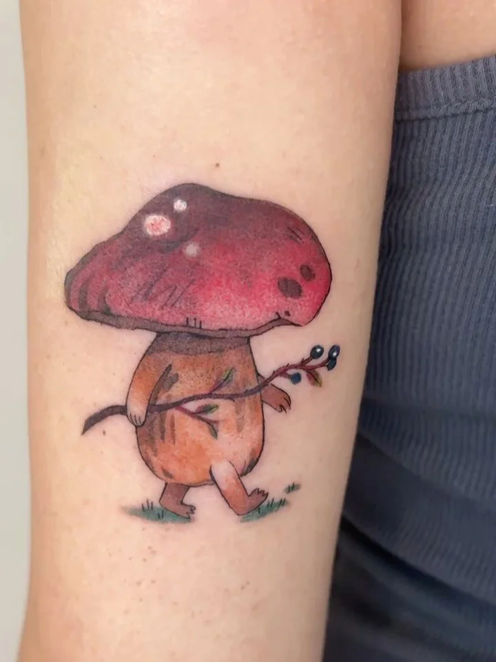 Super cute walking mushroom 🍄🍄&zwj;🟫 Custom design! I love doing customs like this, thank you to my lovely client! 

NYC Bookings are open for Jan-Feb. DM or link in bio to book! 

#tattoostyle #nyctattoo #nyctattooartists #tattoos #cutetattoo